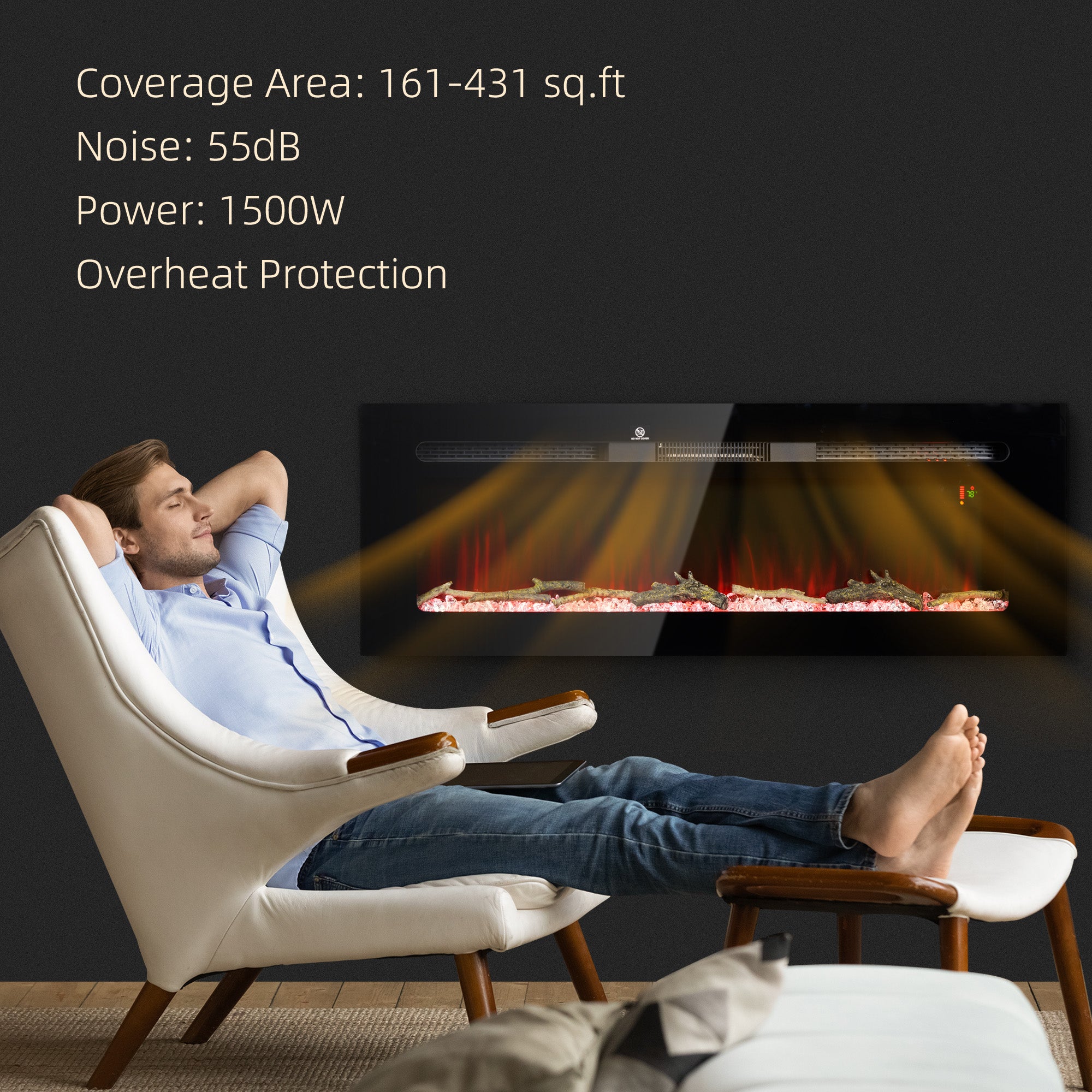 50" Electric Fireplace Heater with Remote Control, Adjustable Color & Brightness, Black