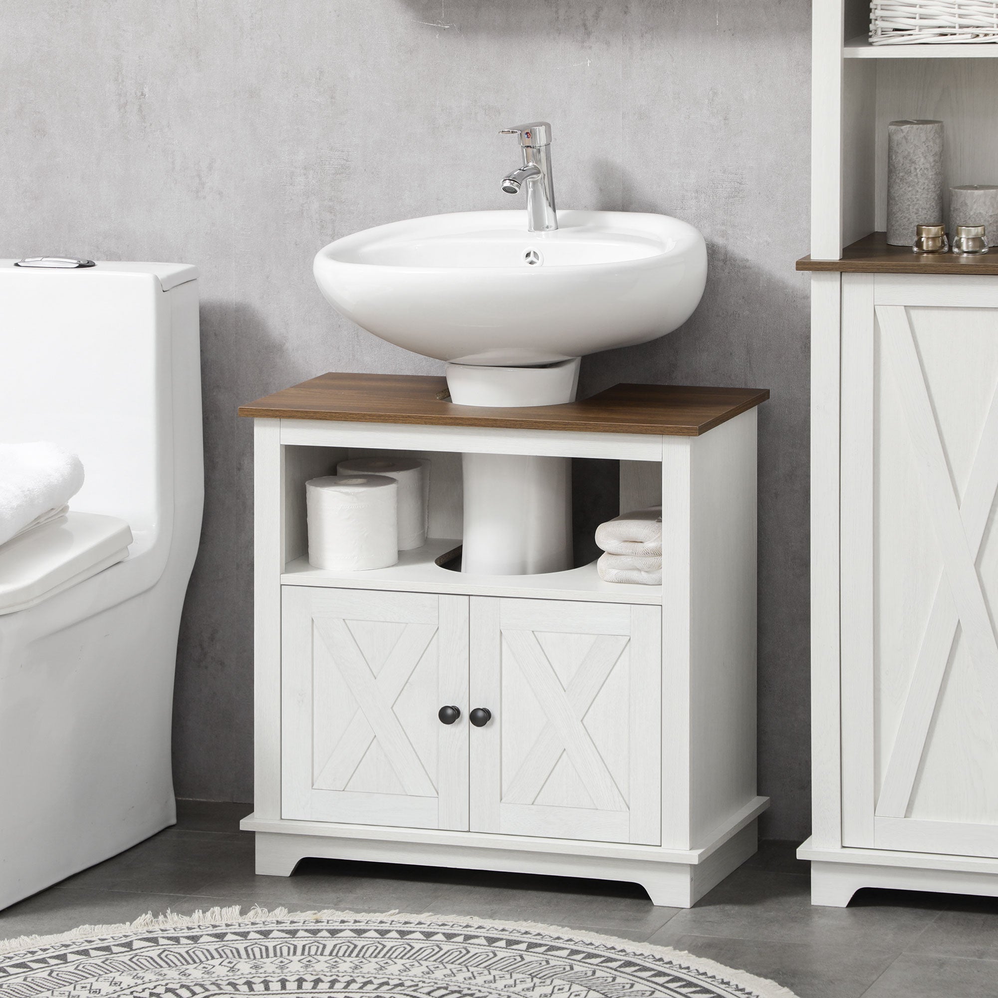kleankin Bathroom Sink Cabinet, Under Sink Storage Cabinet with Double Doors and Shelves, White