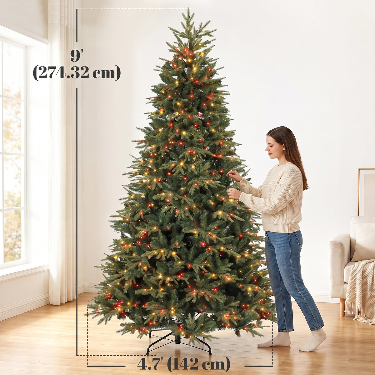 9ft Prelit Christmas Tree with Colourful DIY LEDs, Frasier Grande Fir, Hinged Xmas Tree with Remote, 12 Modes, Daily Timer, Dense Tips, Adjustable Brightness