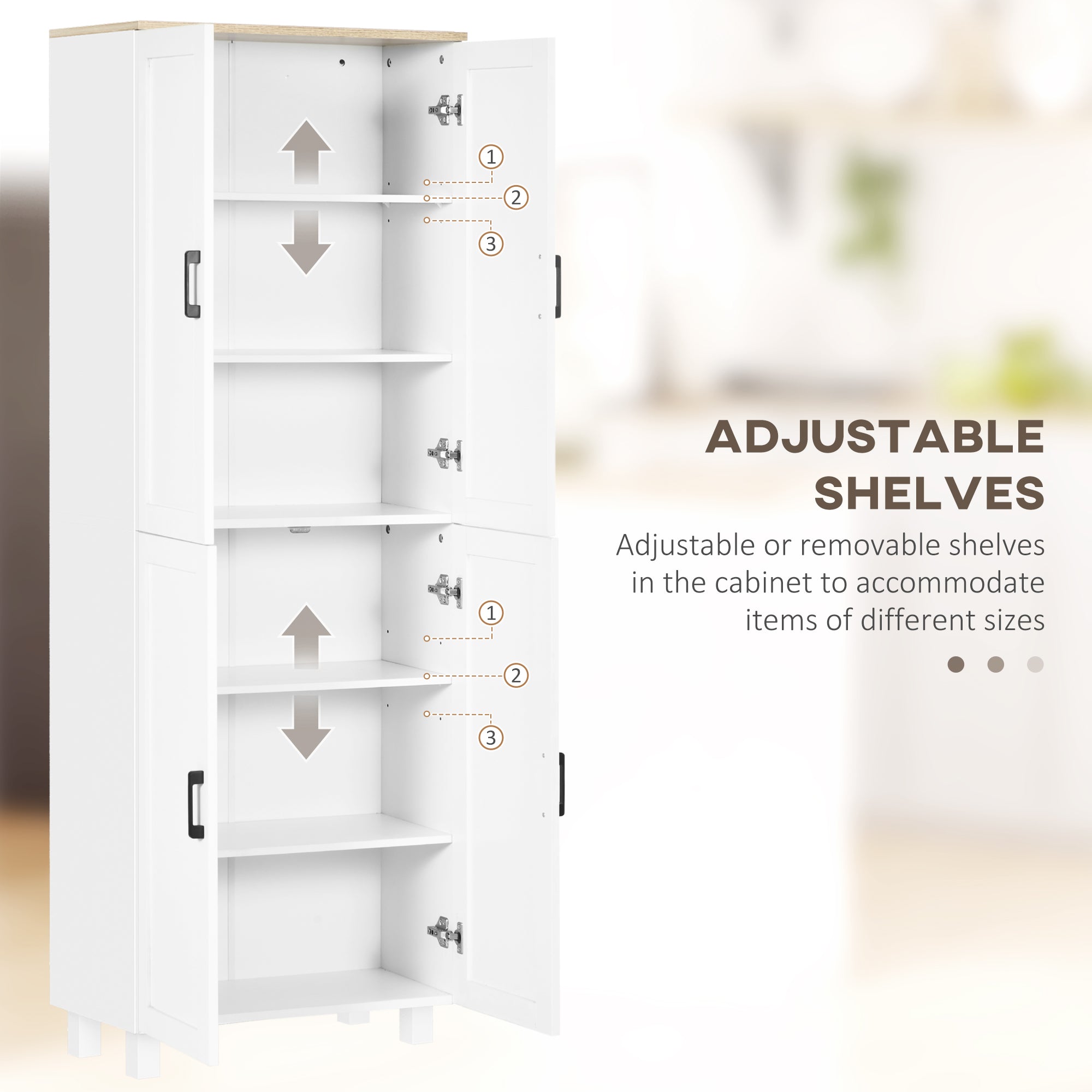 Freestanding Kitchen Cupboard, 4-Door Storage Cabinet with Adjustable Shelves, Modern Kitchen Pantry for Dining Room, 170cm, White Embossed Wood Grain