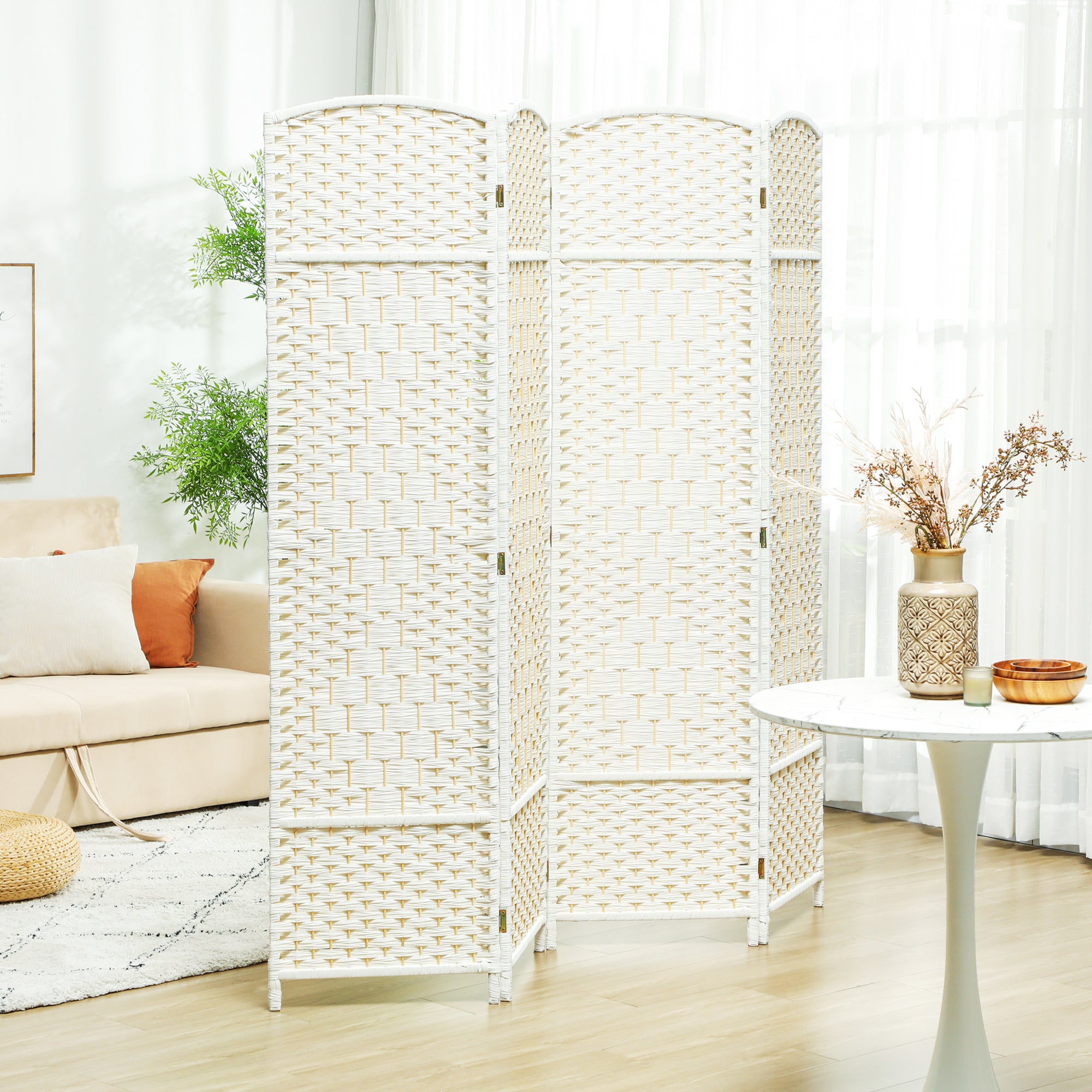 4 Panel 6' Tall Privacy Screen Freestanding Wood Partition, White