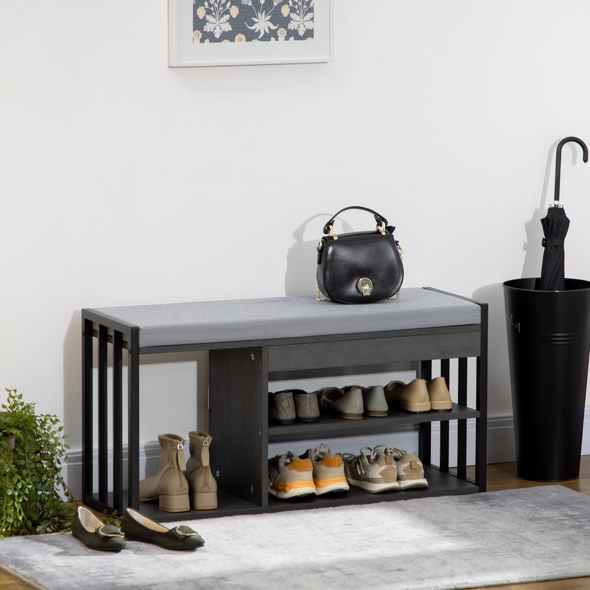 HOMCOM Shoe Bench, Modern Shoe Storage Bench with Cushion and Shelves, Shoe Rack Bench for Entryway, Hallway, Grey