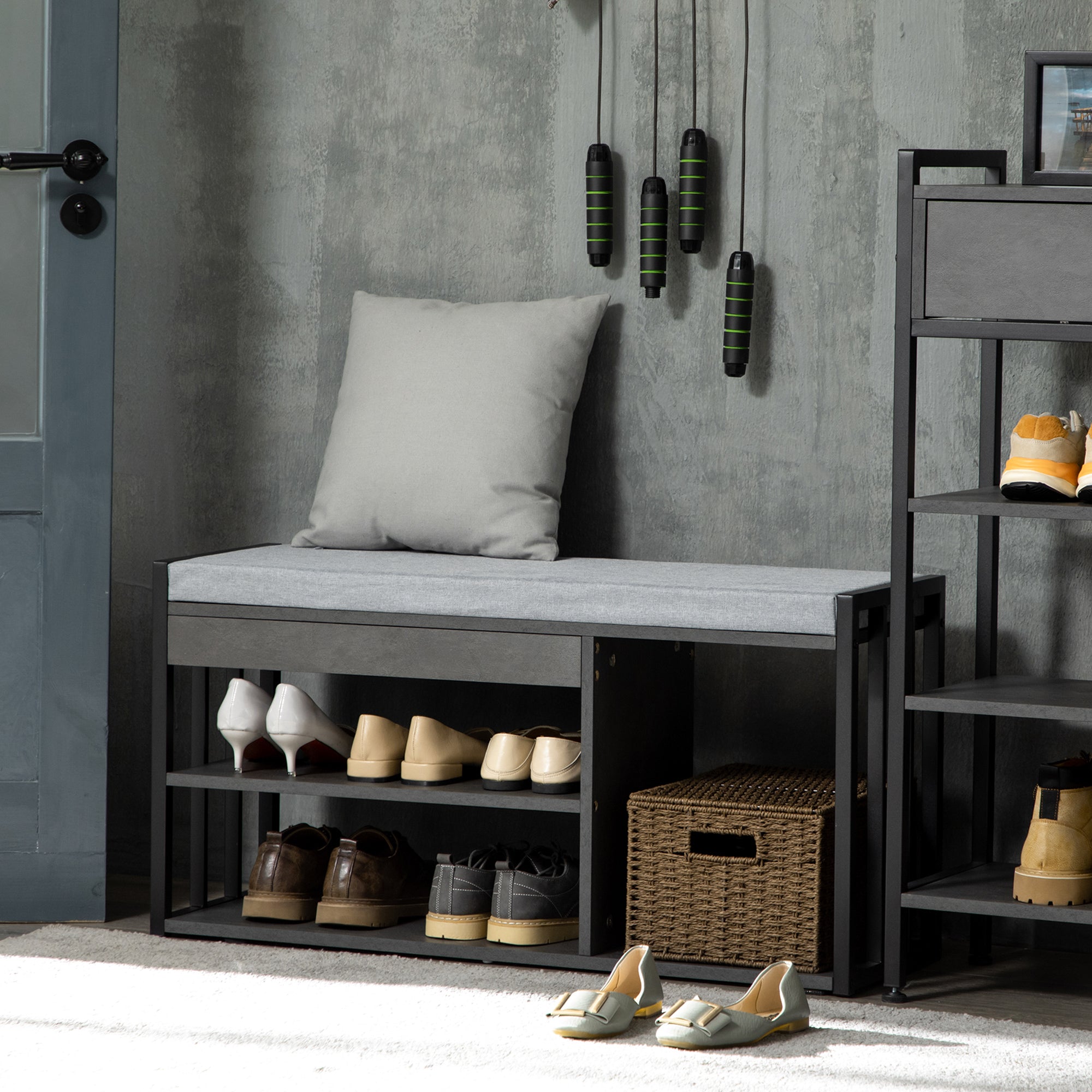 HOMCOM Shoe Bench, Modern Shoe Storage Bench with Cushion and Shelves, Shoe Rack Bench for Entryway, Hallway, Grey