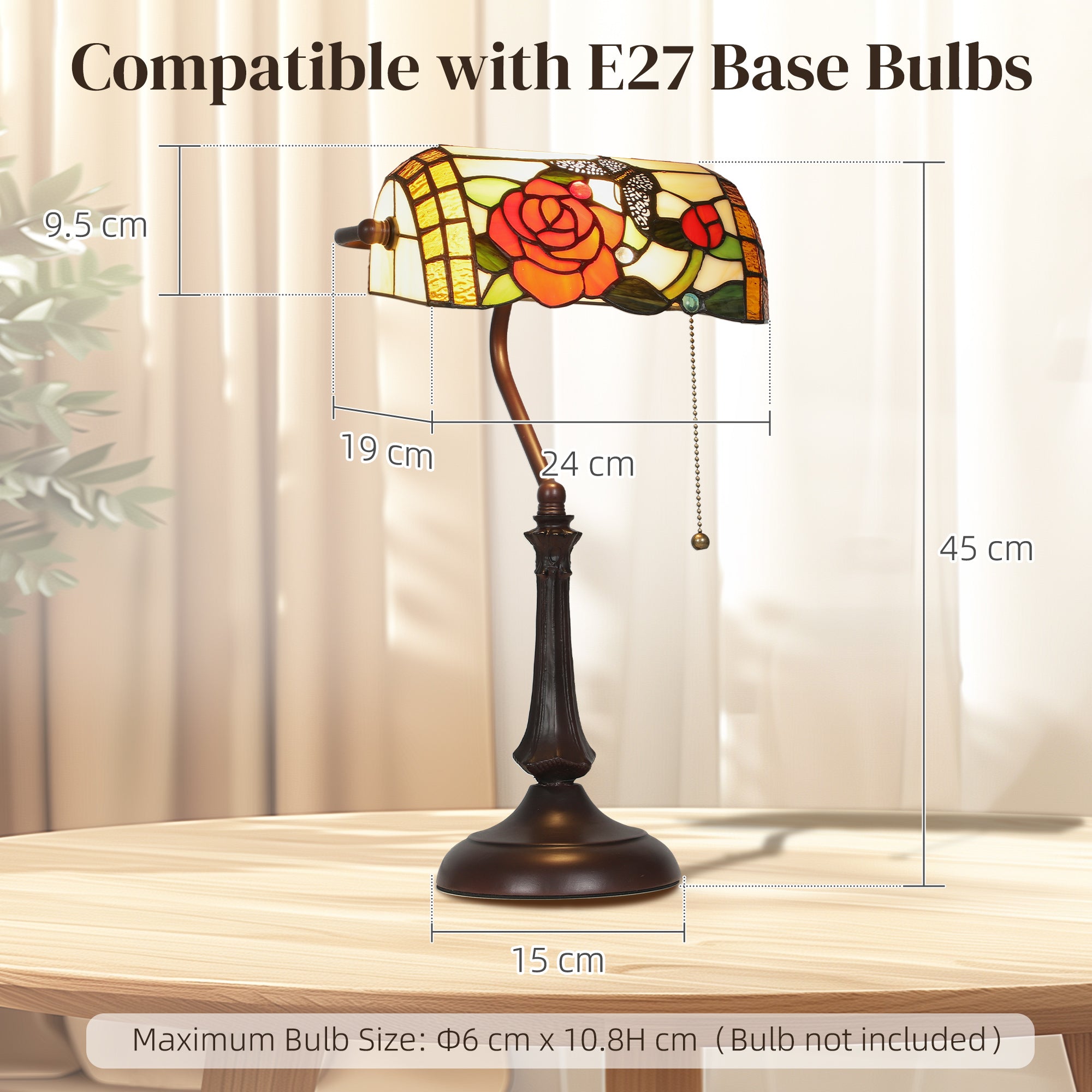 Tiffany-Style Glass Table Lamp with Rose and Butterfly Design, Handcrafted Antique Bedside Lamp with Dual Switch Control for Living Room and Bedroom, E27 Socket, No Assembly Required, Red