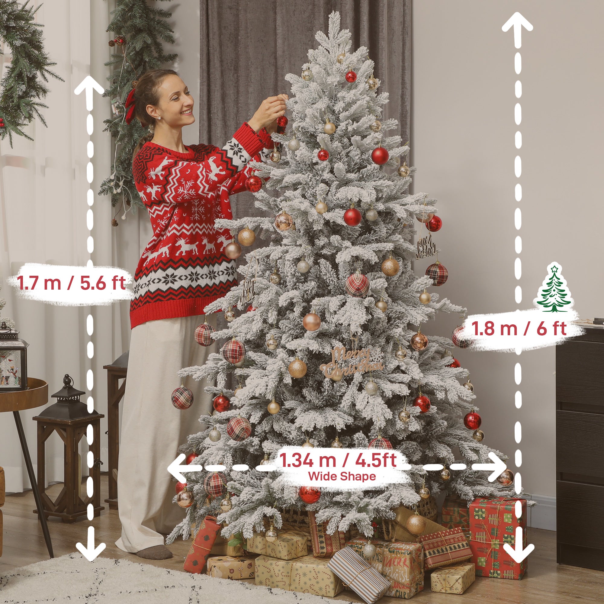6ft Snow Flocked Christmas Tree with Realistic Tips, Hinged Xmas Tree with Wide Shape, Foldable Metal Stand, Easy Assembly, for Home Decor