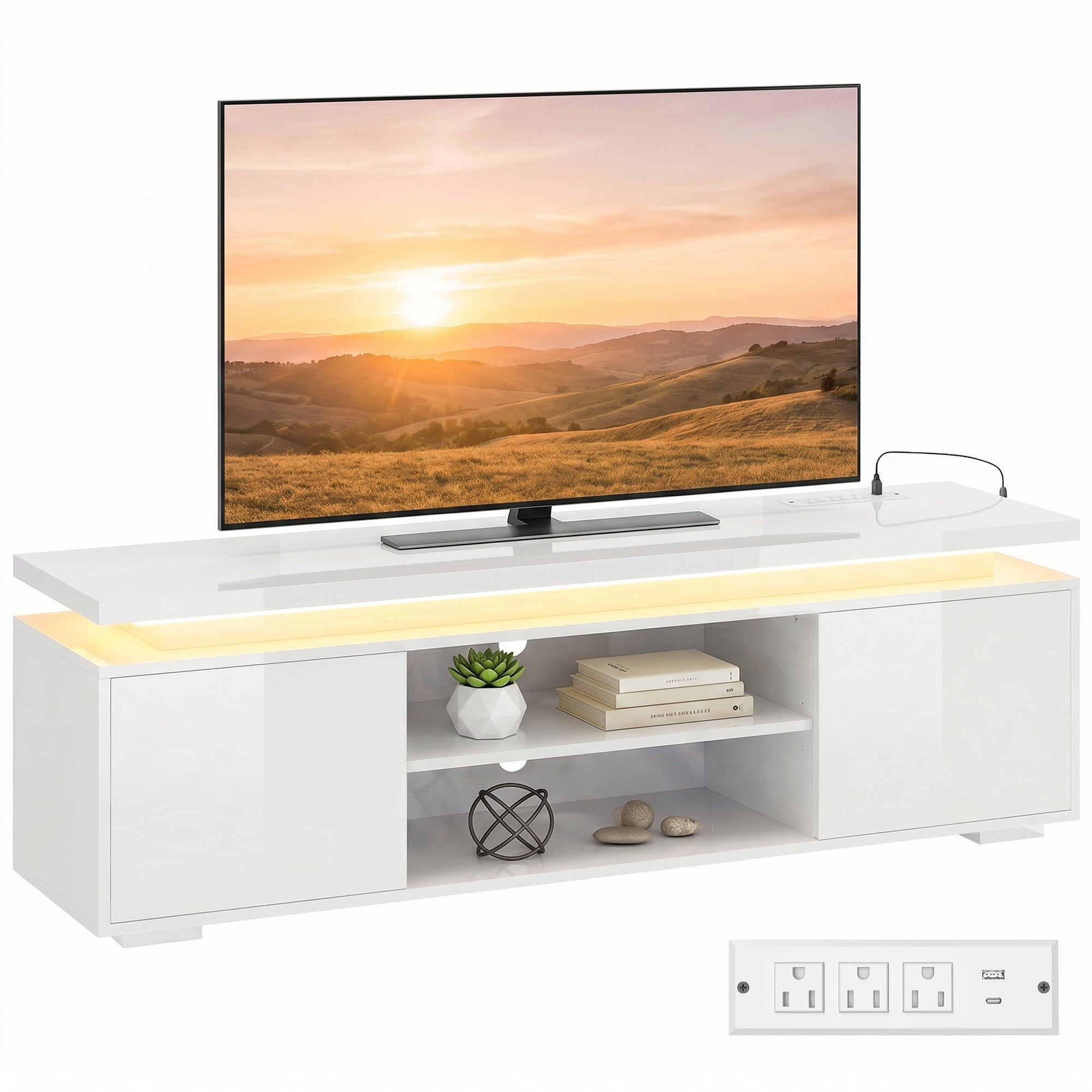 TV Stand for TVs up to 60 Inch, Modern Entertainment Center with LED Lights and Power Outlets, Media Console Table with 2 Cabinets & Adjustable Open Shelf, High Gloss White