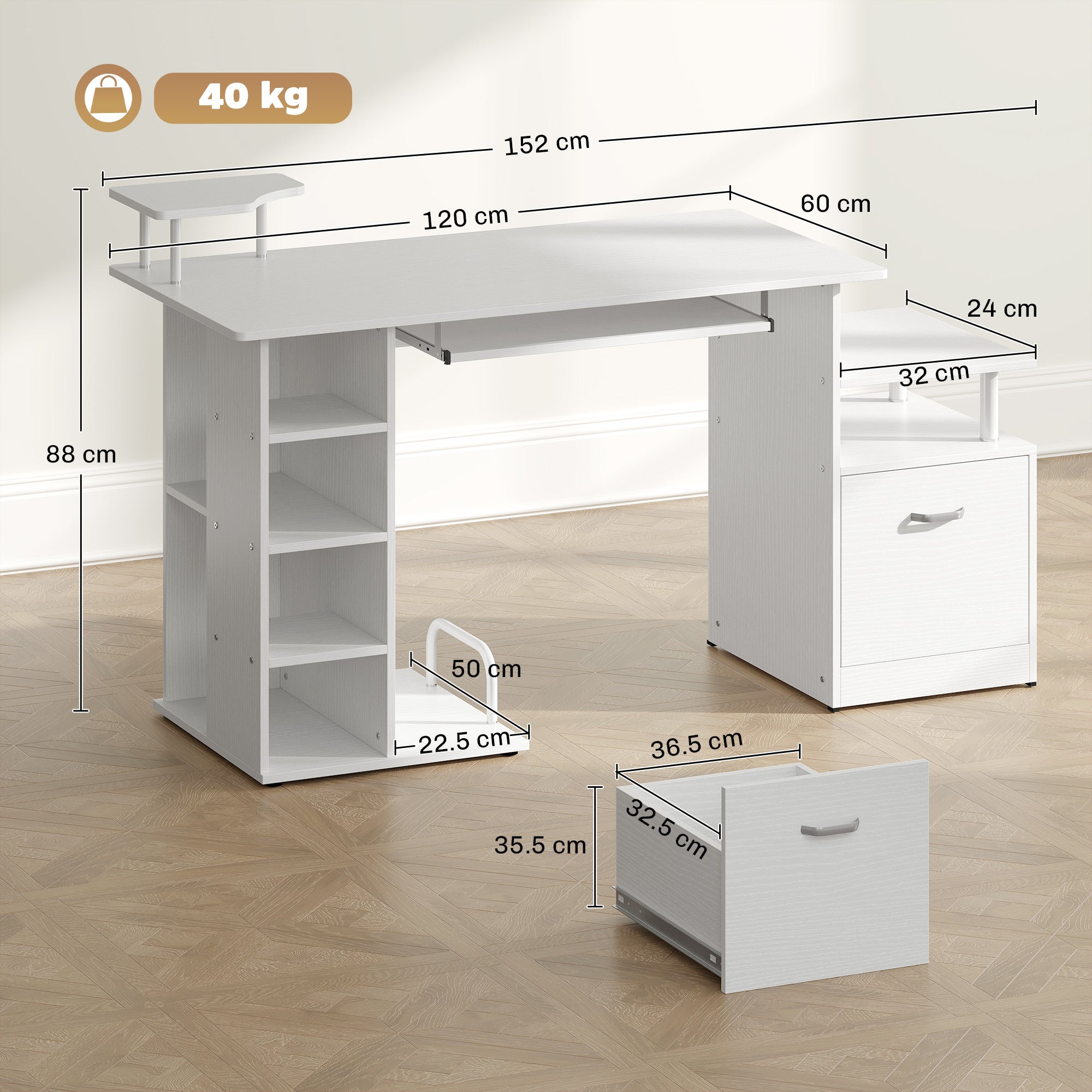 Computer Desk PC Workstation with Drawer Shelves CPU Storage Rack Home Office Furniture 152 x 60 x 88 cm White Wood Effect