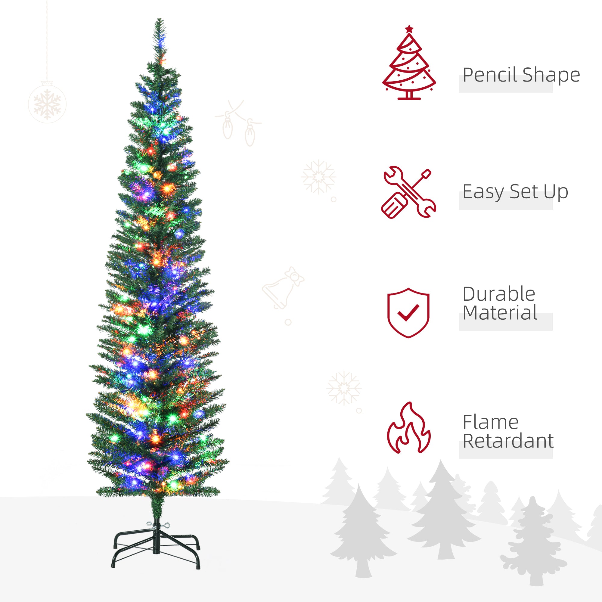 HOMCOM 6ft Tall Pencil Prelit Artificial Christmas Tree Holiday Décor with Branches, Colourful LED Lights, Steel Base, Green