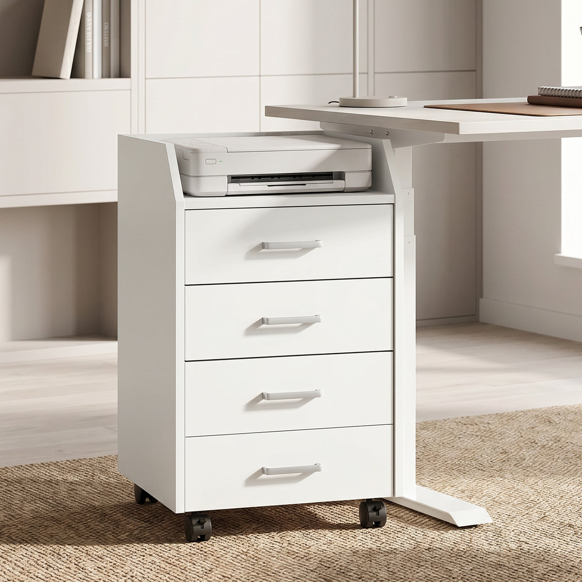 4-Drawer File Cabinet with Lockable Wheels, Vertical Mobile Filing Cabinet, Rolling Printer Stand with Tabletop for Home Office, White