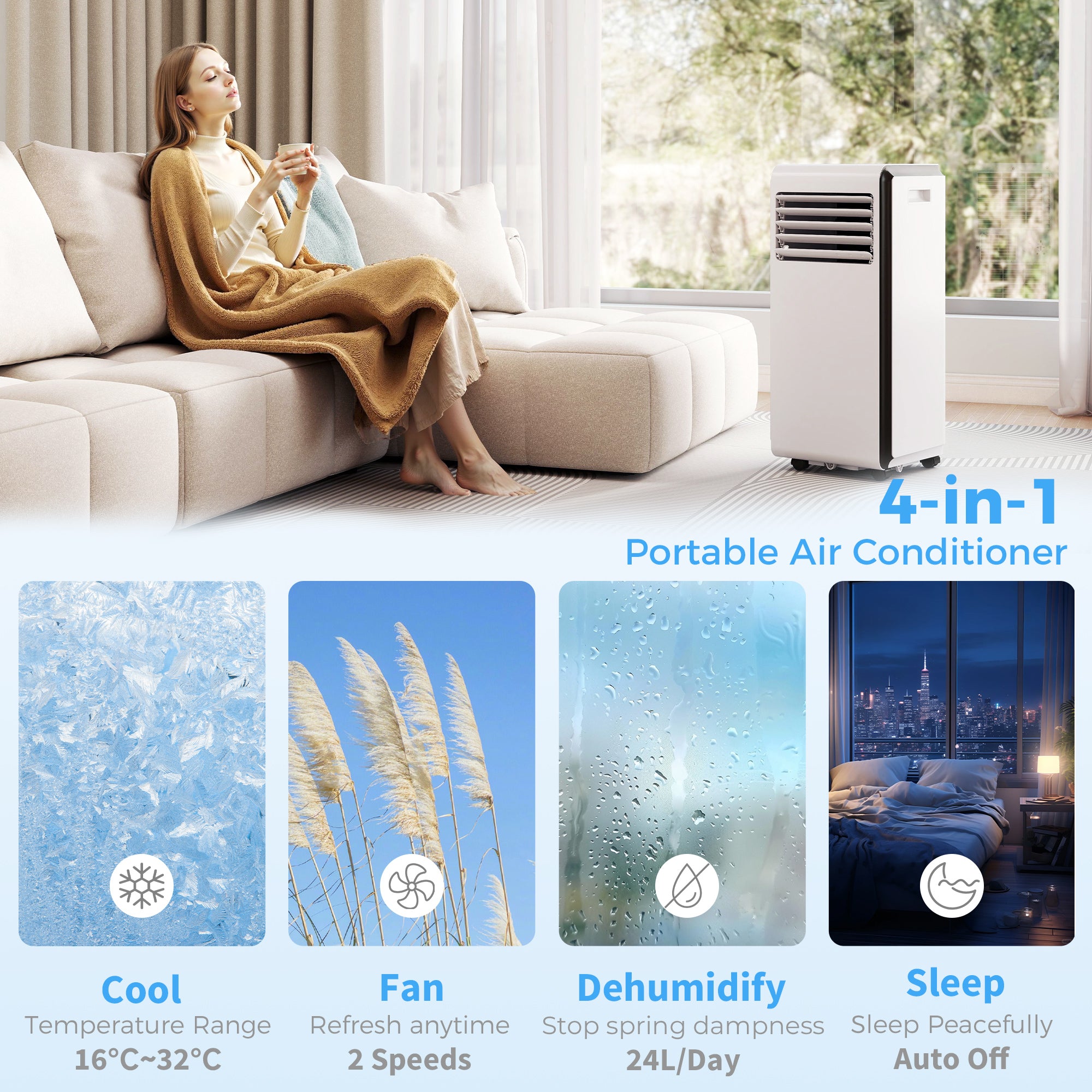 Portable Air Conditioner 9000 BTU, 4-in-1 Air Conditioning Unit with Cooling, Dehumidifier, Fan, Sleep Mode, Remote Control, 24H Timer, 2 Speeds, Child Lock, Window Kit, for Room up to 28 m²