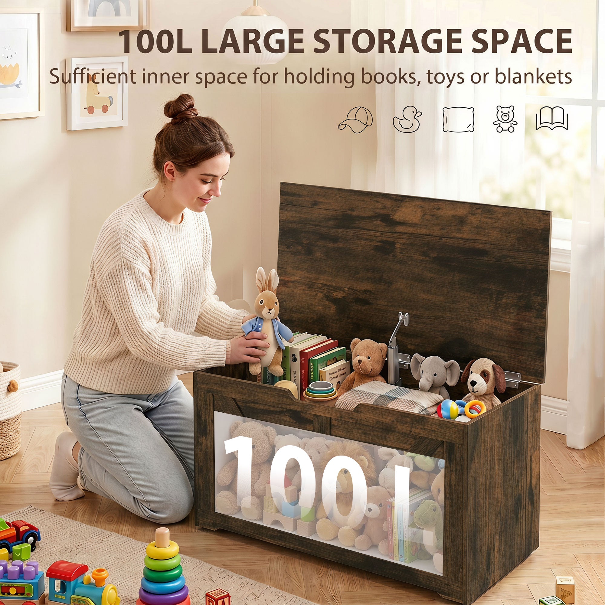 100L Storage Chest, Shoe Storage Trunk Bench Box with Safety Hinge and U-shaped Cut-out Pull, Blanket Box Ottoman for Bedroom, Living Room, Entryway, 80 x 40 x 45 cm, Rustic Brown Wood-Effect