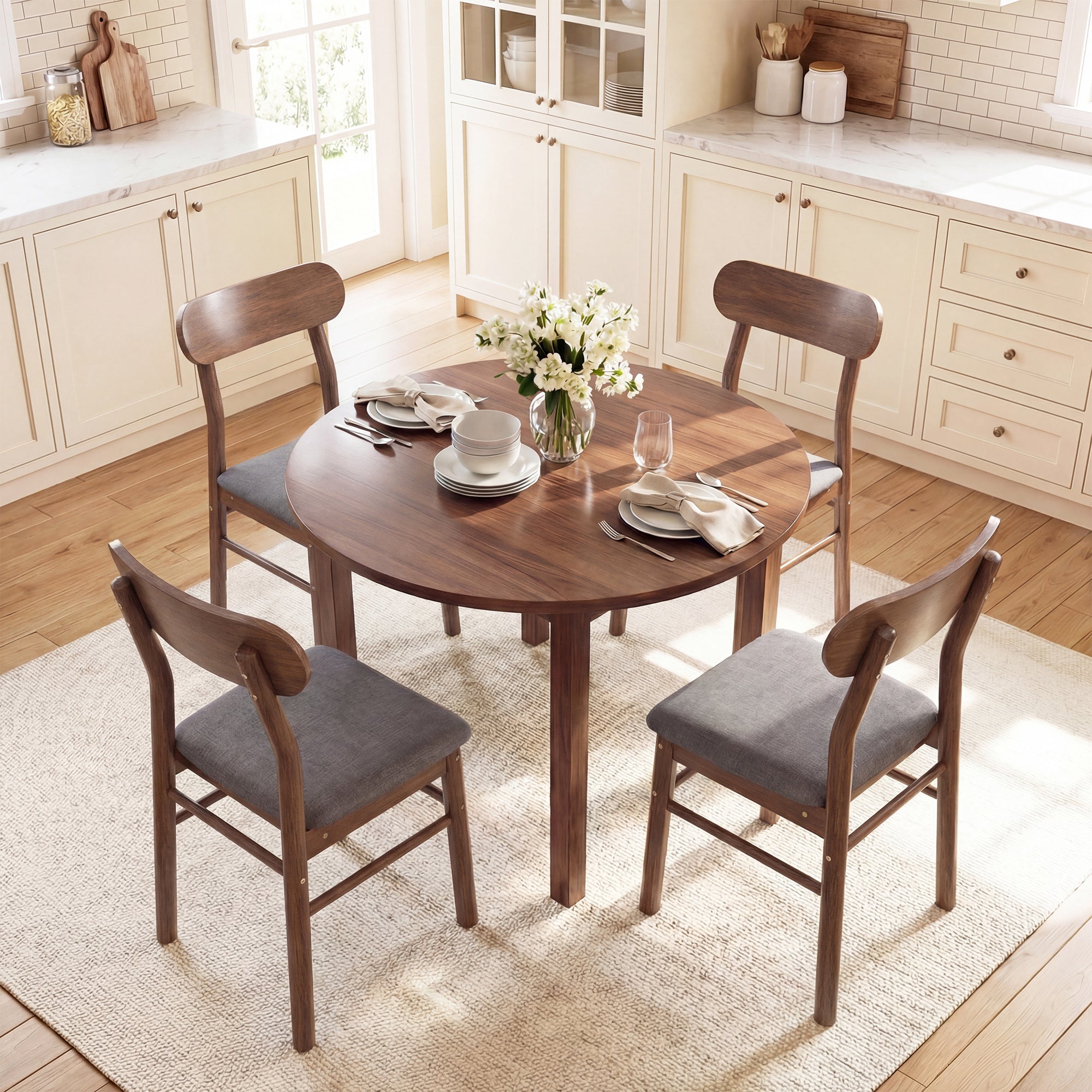 Mid-Century Modern Wooden Dining Chairs Set of 4, Upholstered Kitchen Chairs with Rubberwood Legs, Curved Backrest and Padded Seat for Dining Room, Gray