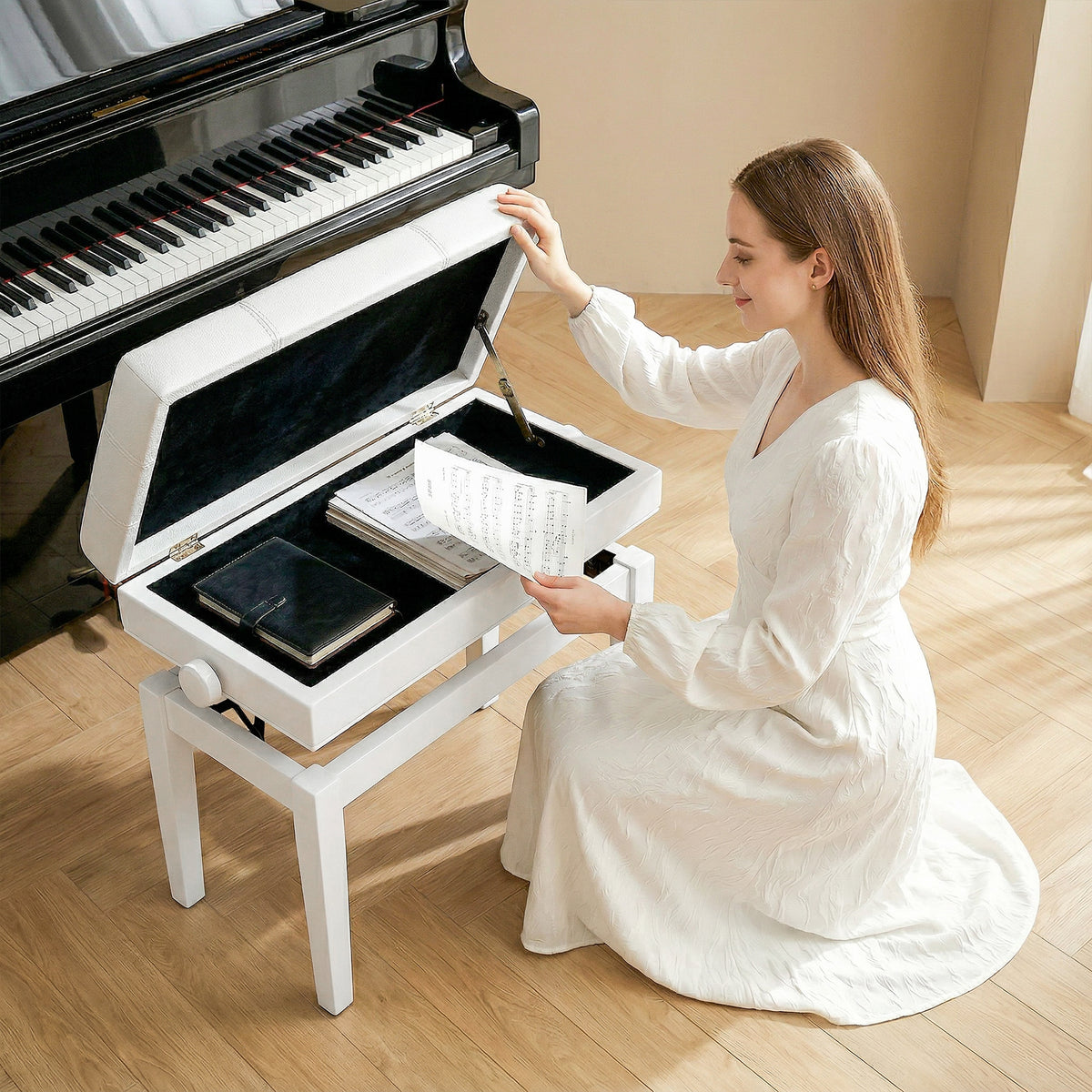 24.8" Adjustable Piano Bench with Padded Cushion and Storage, Faux Leather Keyboard Bench with Solid Wood Legs, White