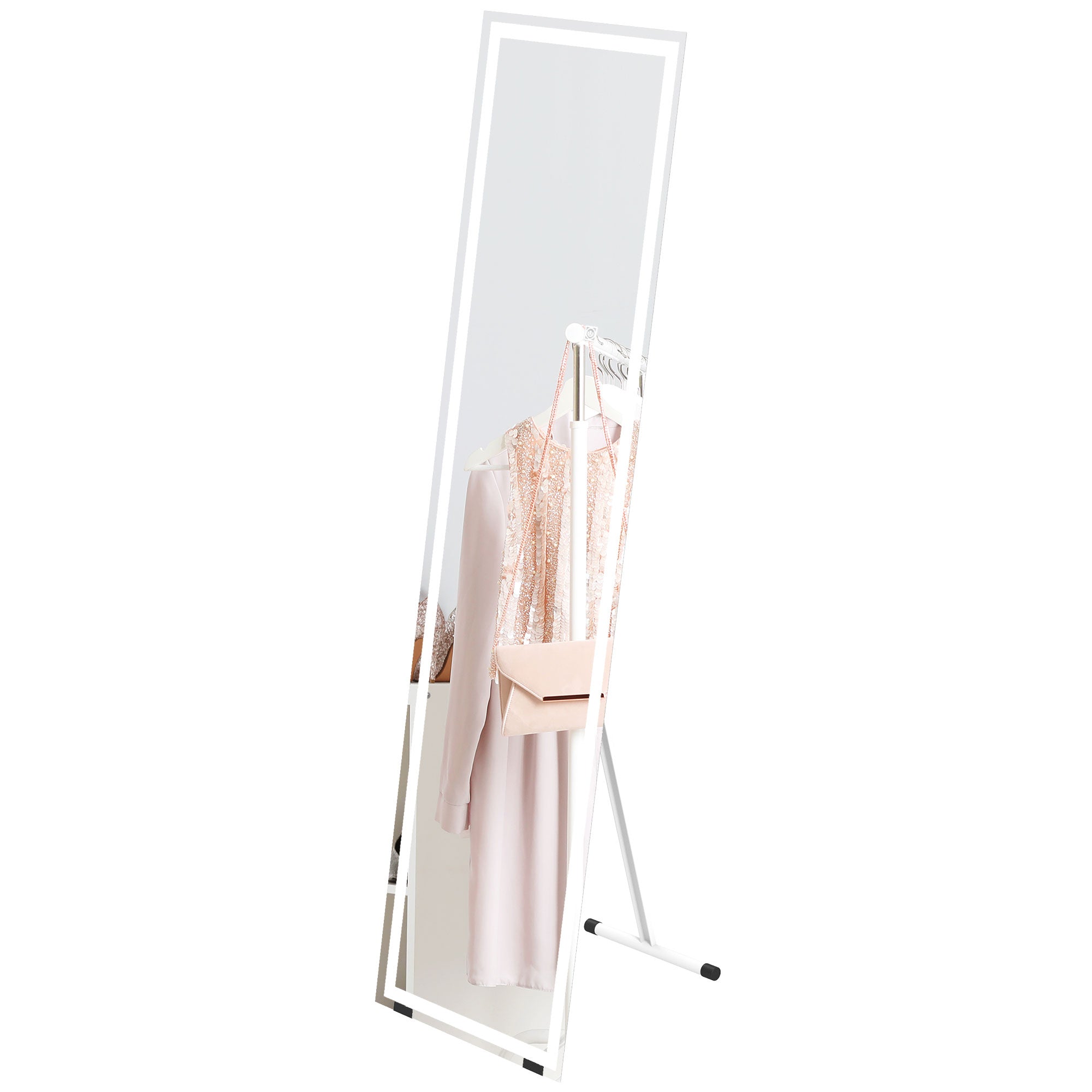 HOMCOM Full Length Mirror with LED Lights, 150x40cm Floor Mirror, Free Standing, Wall Mounted or Leaning, Full Size Body Mirror with Dimmable and 3 Colour Lighting for Bedroom, 32W, White