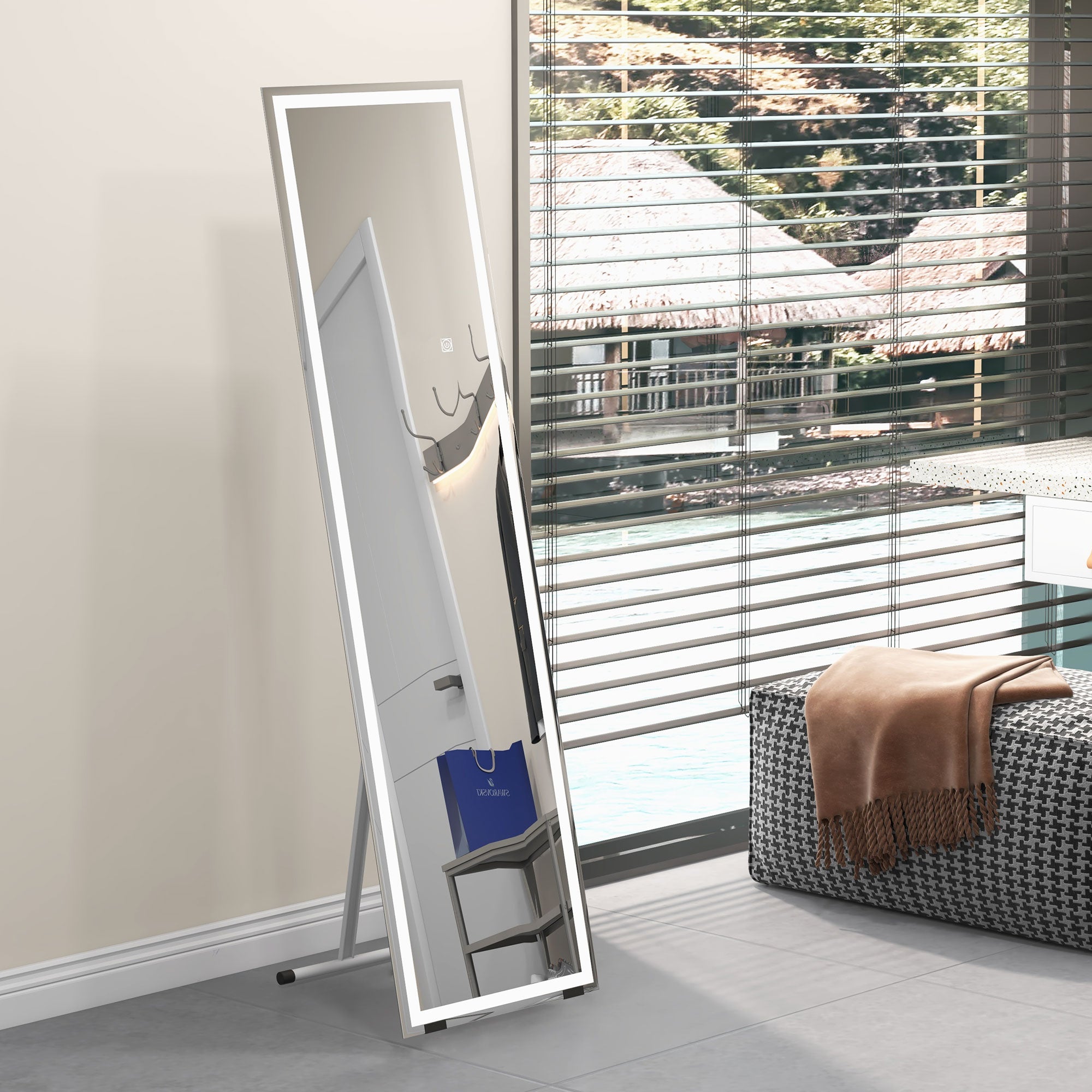 HOMCOM Full Length Mirror with LED Lights, 150x40cm Floor Mirror, Free Standing, Wall Mounted or Leaning, Full Size Body Mirror with Dimmable and 3 Colour Lighting for Bedroom, 32W, White