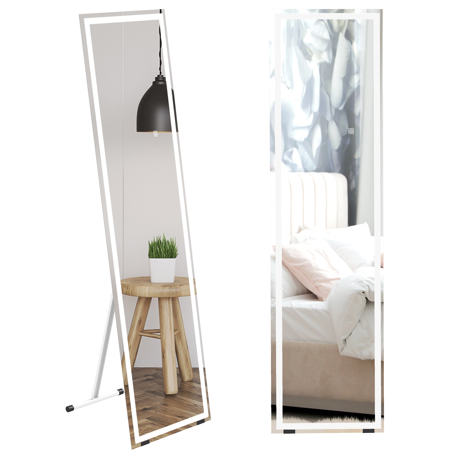 HOMCOM Full Length Mirror with LED Lights, 150x40cm Floor Mirror, Free Standing, Wall Mounted or Leaning, Full Size Body Mirror with Dimmable and 3 Colour Lighting for Bedroom, 32W, White