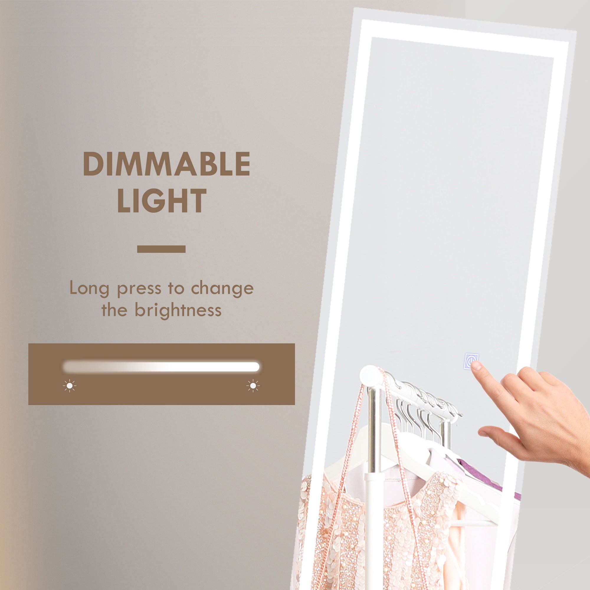 HOMCOM Full Length Mirror with LED Lights, 150x40cm Floor Mirror, Free Standing, Wall Mounted or Leaning, Full Size Body Mirror with Dimmable and 3 Colour Lighting for Bedroom, 32W, White
