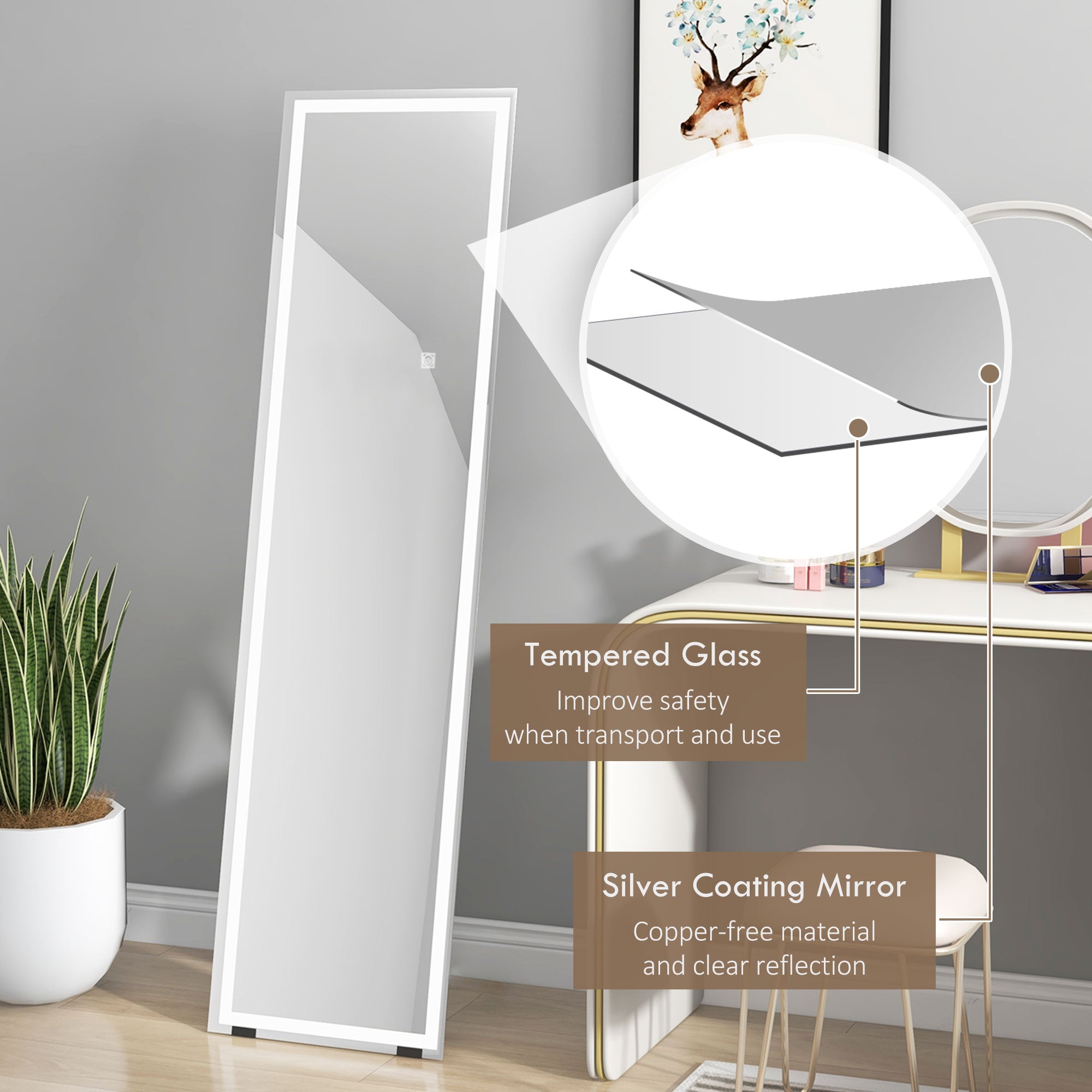 HOMCOM Full Length Mirror with LED Lights, 150x40cm Floor Mirror, Free Standing, Wall Mounted or Leaning, Full Size Body Mirror with Dimmable and 3 Colour Lighting for Bedroom, 32W, White