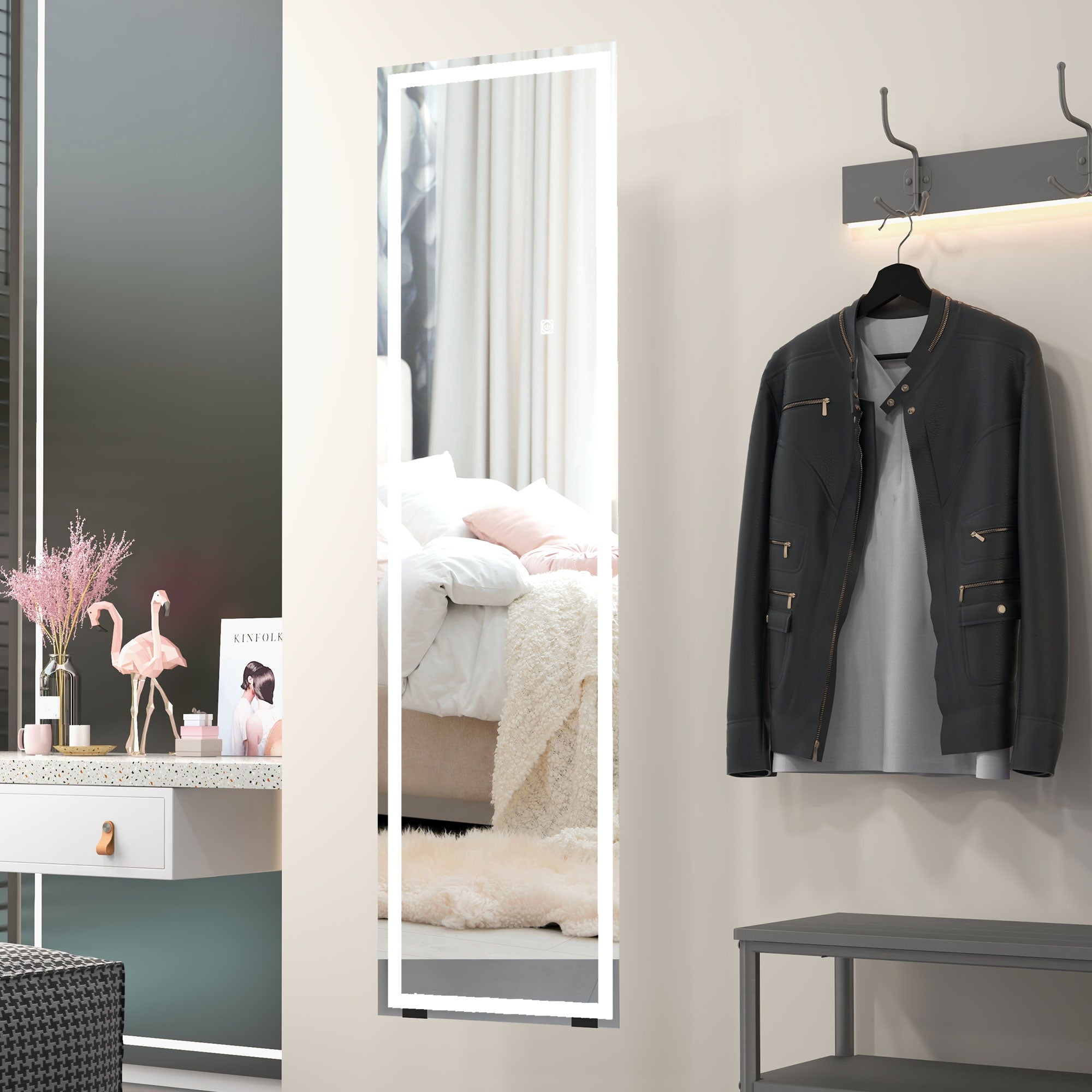 HOMCOM Full Length Mirror with LED Lights, 150x40cm Floor Mirror, Free Standing, Wall Mounted or Leaning, Full Size Body Mirror with Dimmable and 3 Colour Lighting for Bedroom, 32W, White