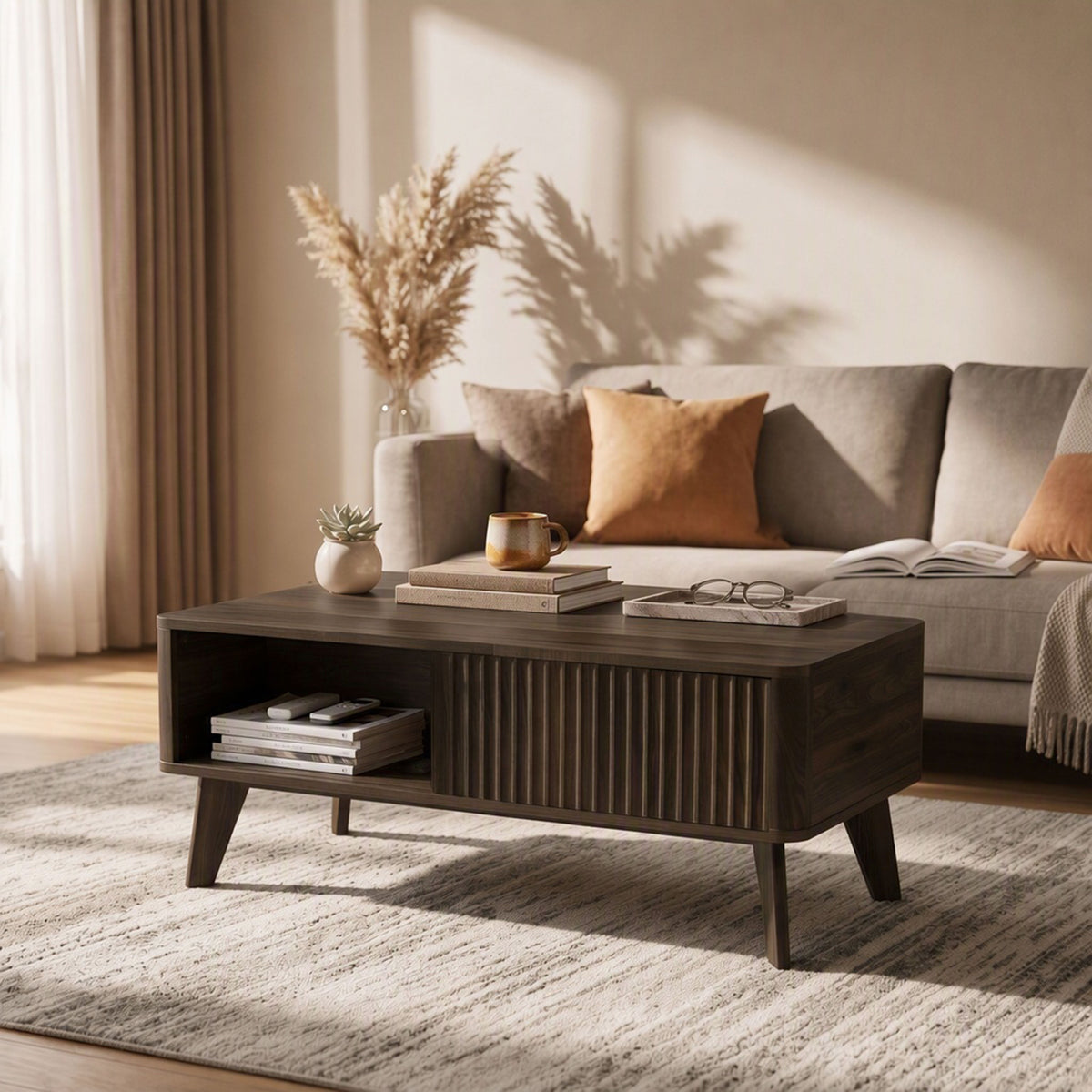 40" Fluted Lift Top Coffee Table with Storage, Mid-Century Modern Coffee Table with Hidden Compartment, Open Shelf and Rounded Corners for Living Room, Walnut