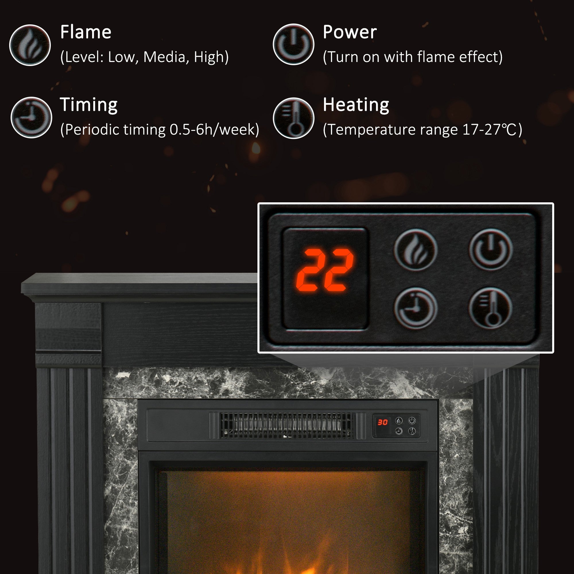 HOMCOM Electric Fireplace Mantel Wood Surround, Freestanding Fireplace Heater with Realistic Flame, Adjustable Temperature, Timer, Overheating Protection, and Remote Control, Black