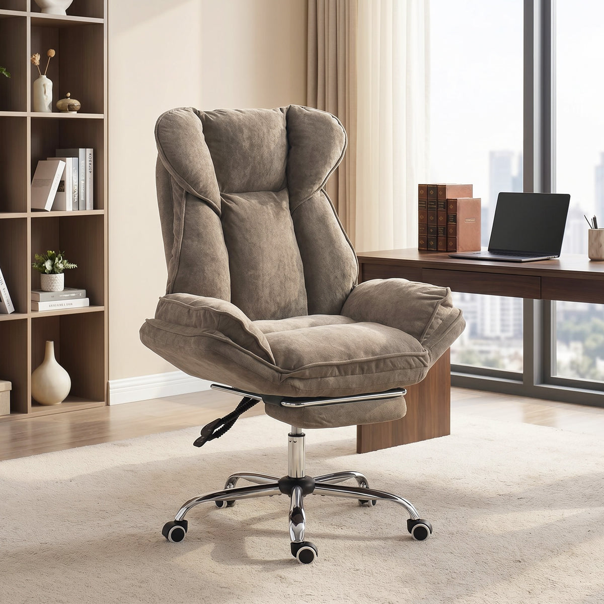 Criss Cross Office Chair with Footrest, Swivel Wheels, Task Desk Chair with Overstuffed Reclining Backrest, Waterfall Arms, Adjustable Height, Cross Legged, Brown