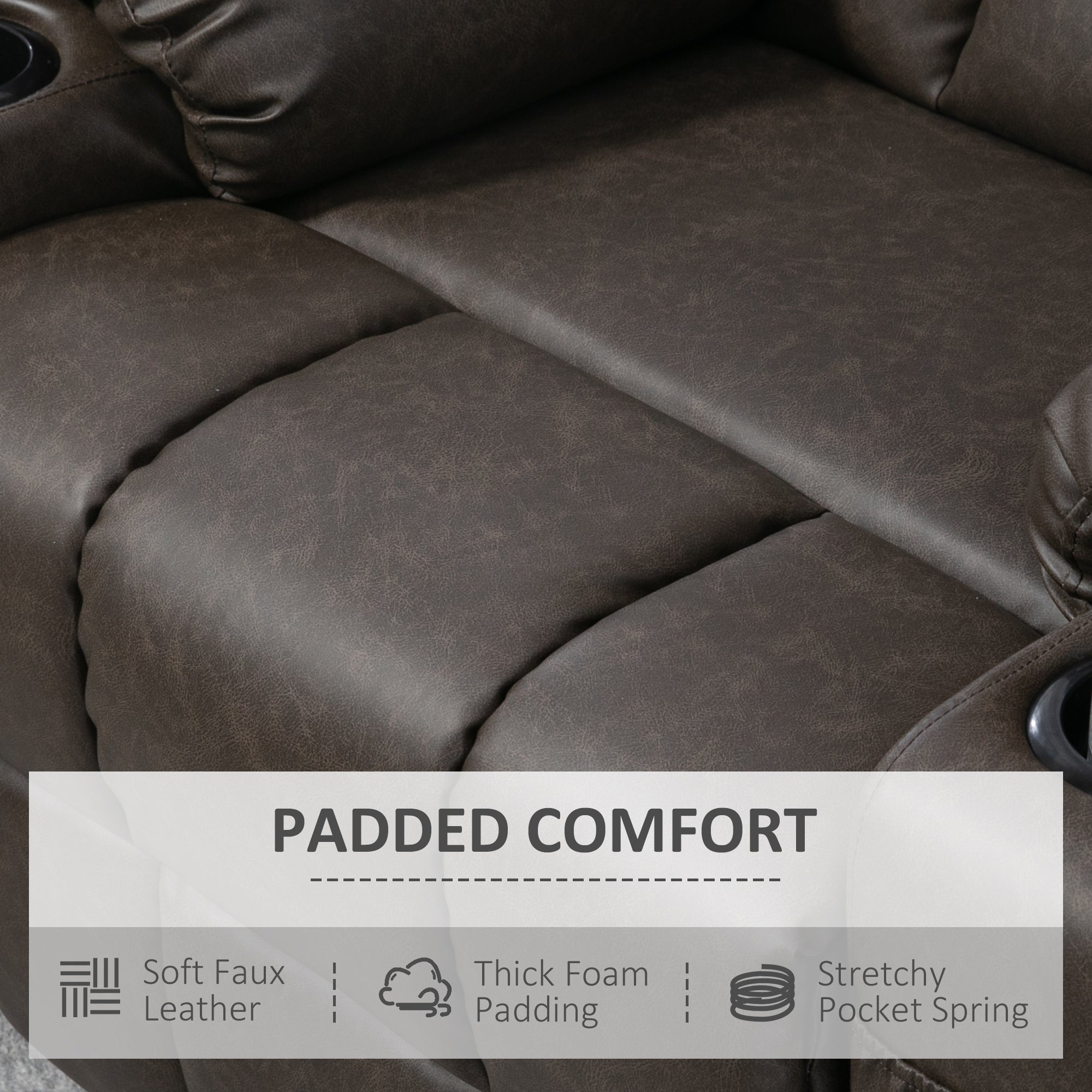 HOMCOM Recliner Armchair, Swivel PU Leather Manual Reclining Chair with Adjustable Leg Rest, Drink Holders, Side Pockets, Rocker Chair for Home Living Room, Dark Brown