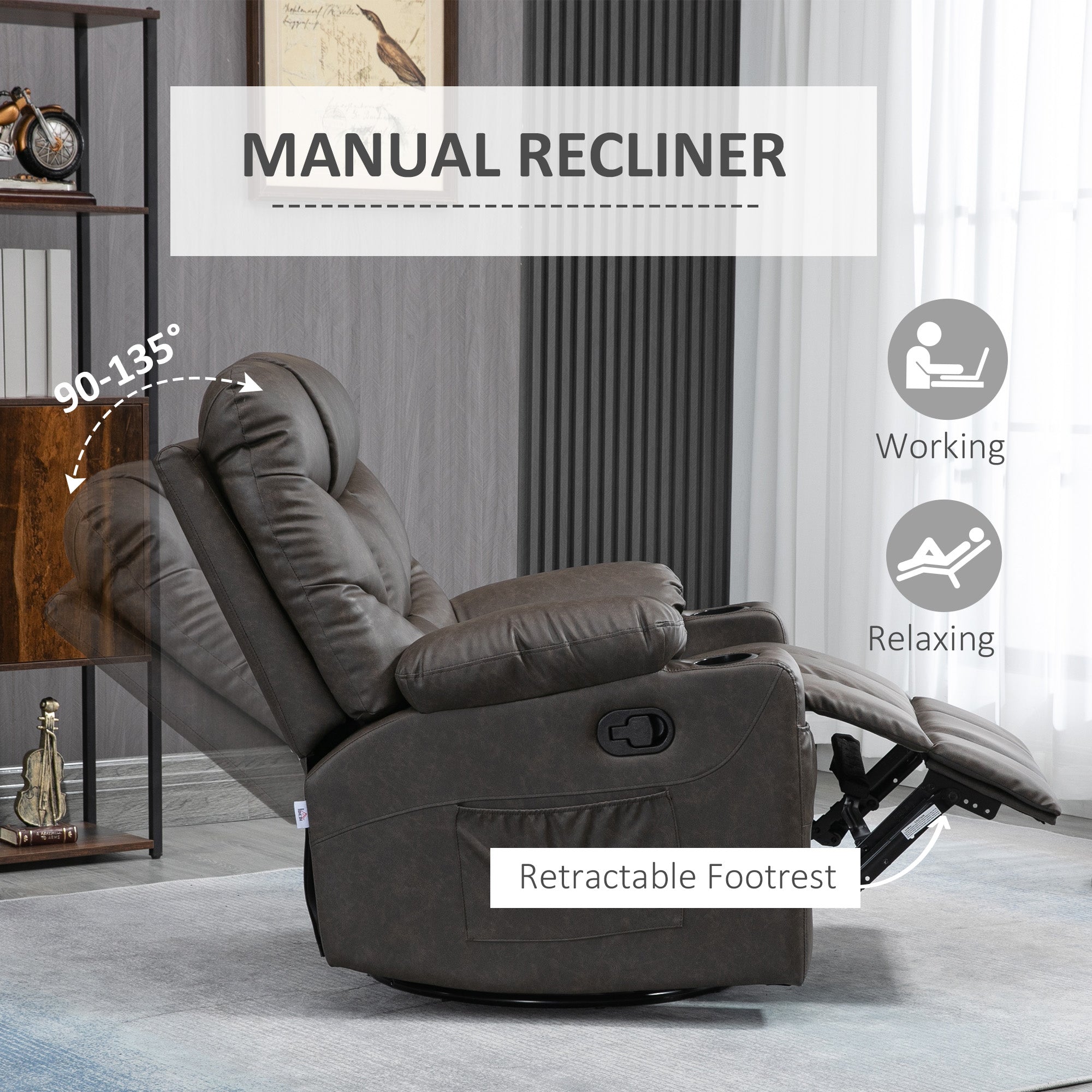 HOMCOM Recliner Armchair, Swivel PU Leather Manual Reclining Chair with Adjustable Leg Rest, Drink Holders, Side Pockets, Rocker Chair for Home Living Room, Dark Brown