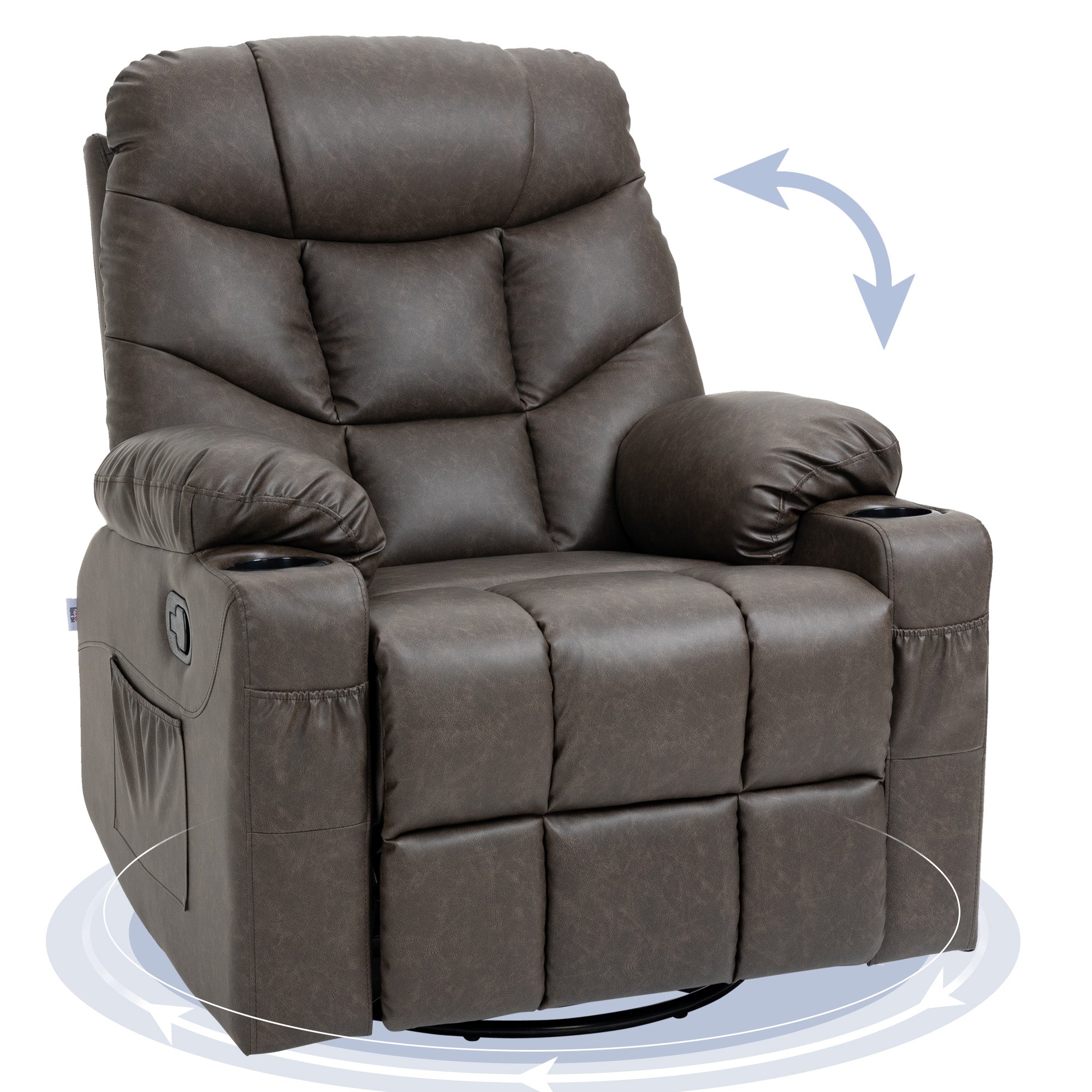 HOMCOM Recliner Armchair, Swivel PU Leather Manual Reclining Chair with Adjustable Leg Rest, Drink Holders, Side Pockets, Rocker Chair for Home Living Room, Dark Brown