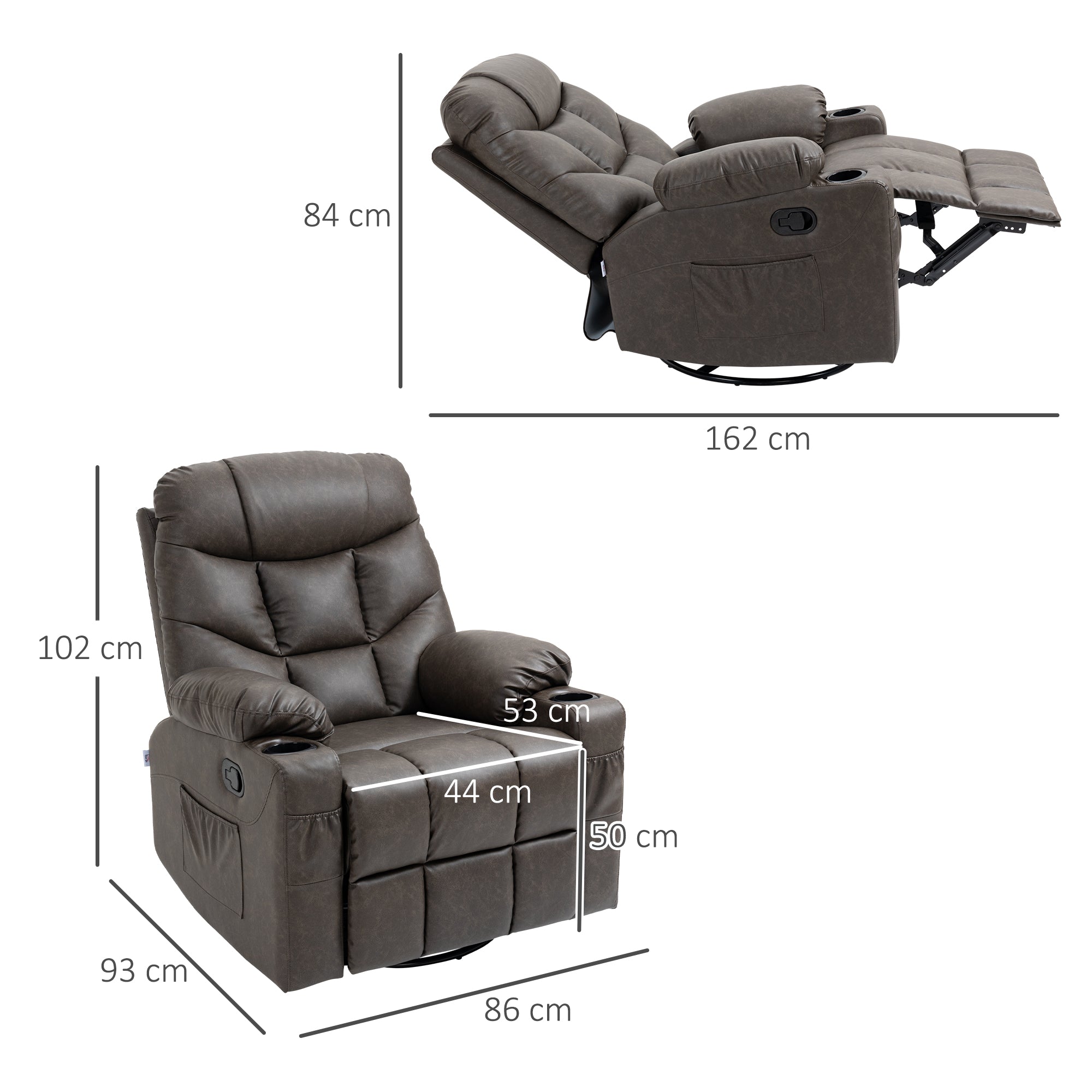 HOMCOM Recliner Armchair, Swivel PU Leather Manual Reclining Chair with Adjustable Leg Rest, Drink Holders, Side Pockets, Rocker Chair for Home Living Room, Dark Brown