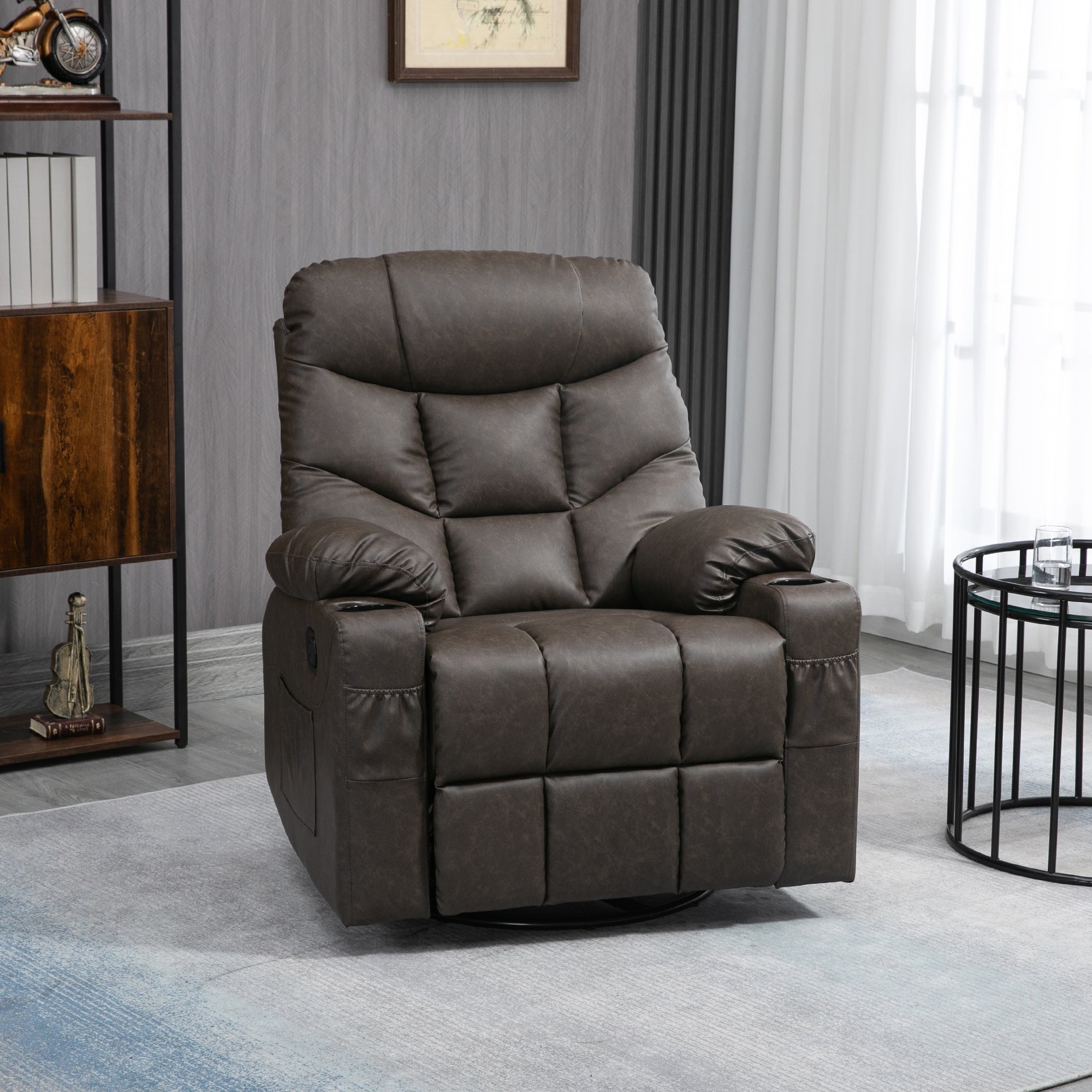 HOMCOM Recliner Armchair, Swivel PU Leather Manual Reclining Chair with Adjustable Leg Rest, Drink Holders, Side Pockets, Rocker Chair for Home Living Room, Dark Brown