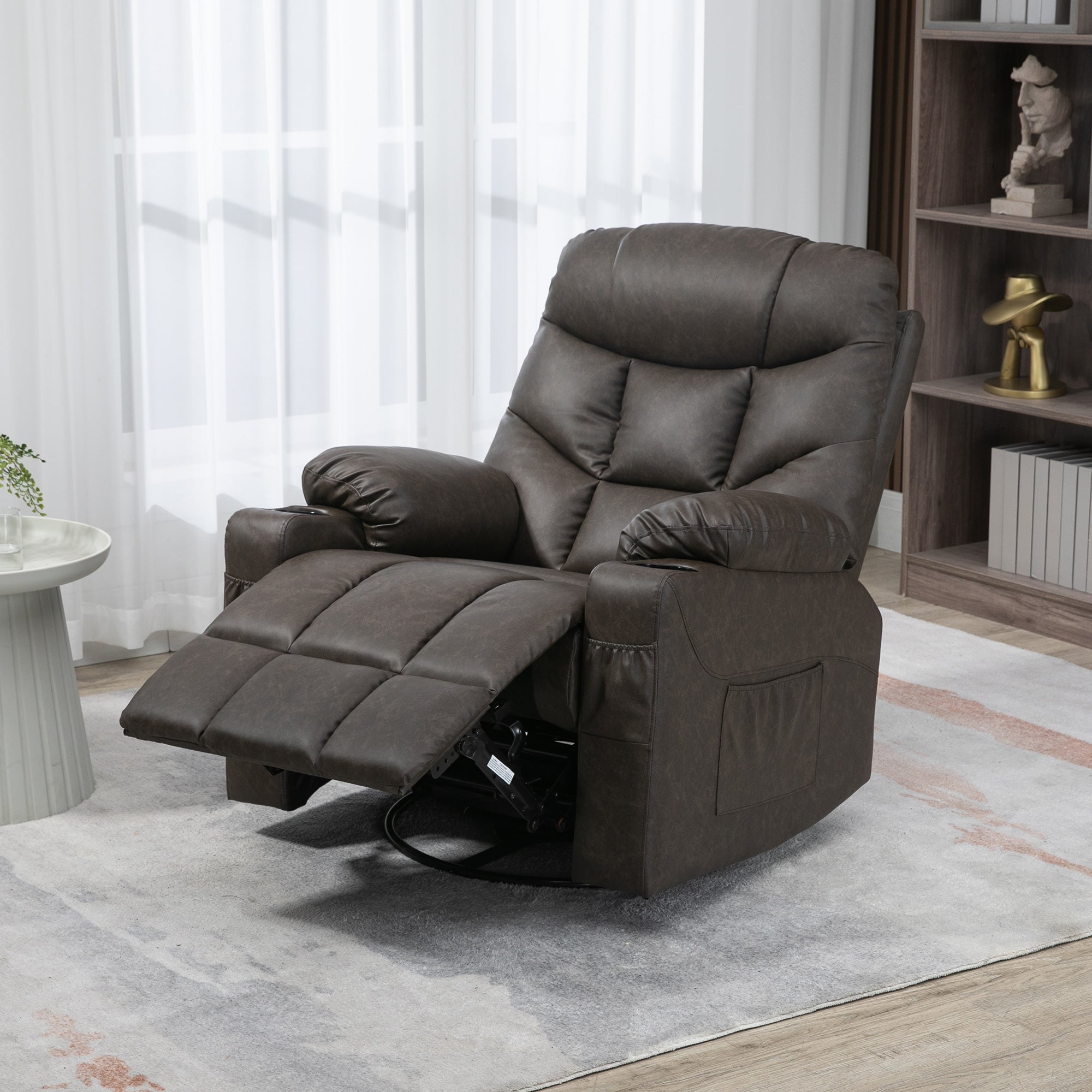 HOMCOM Recliner Armchair, Swivel PU Leather Manual Reclining Chair with Adjustable Leg Rest, Drink Holders, Side Pockets, Rocker Chair for Home Living Room, Dark Brown