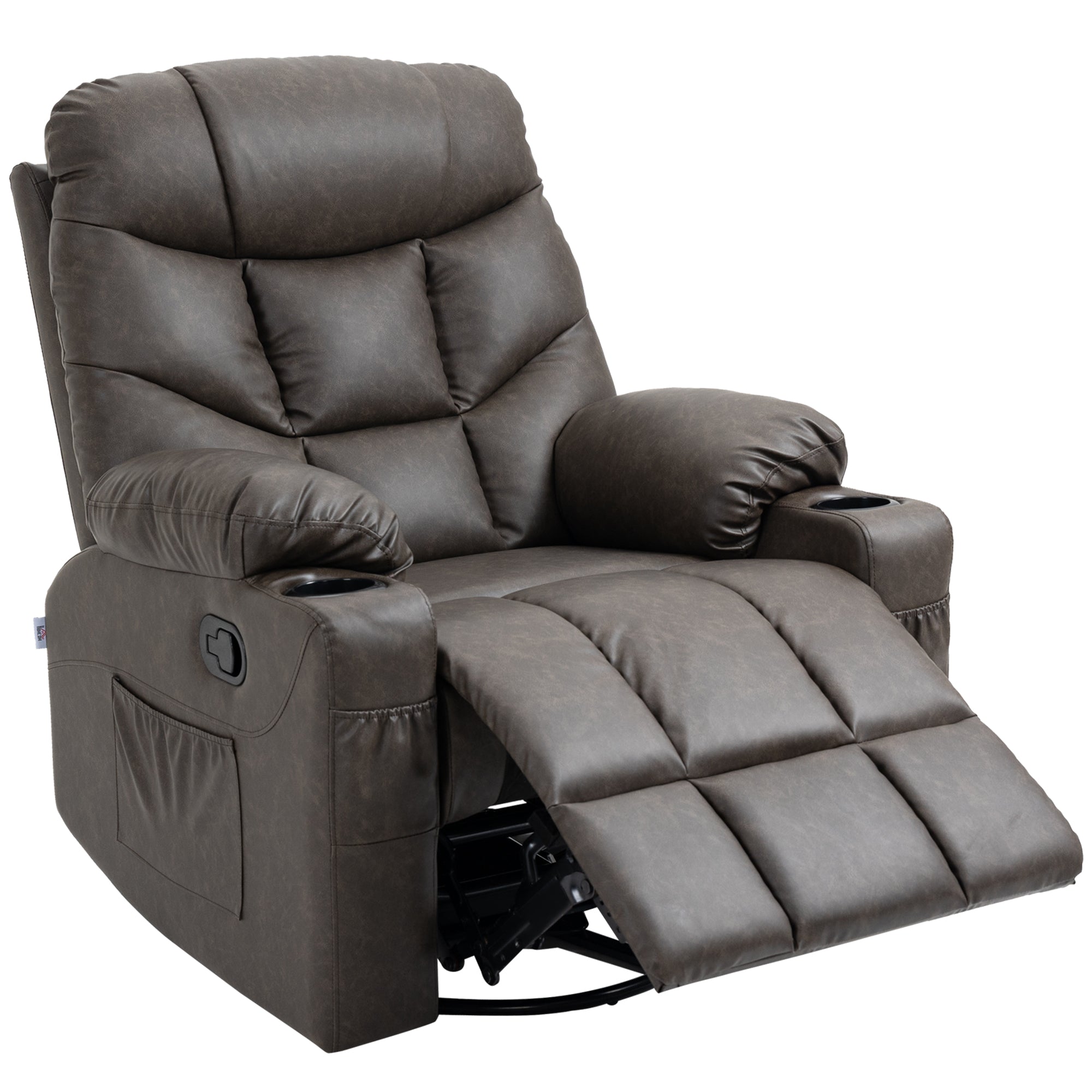 HOMCOM Recliner Armchair, Swivel PU Leather Manual Reclining Chair with Adjustable Leg Rest, Drink Holders, Side Pockets, Rocker Chair for Home Living Room, Dark Brown