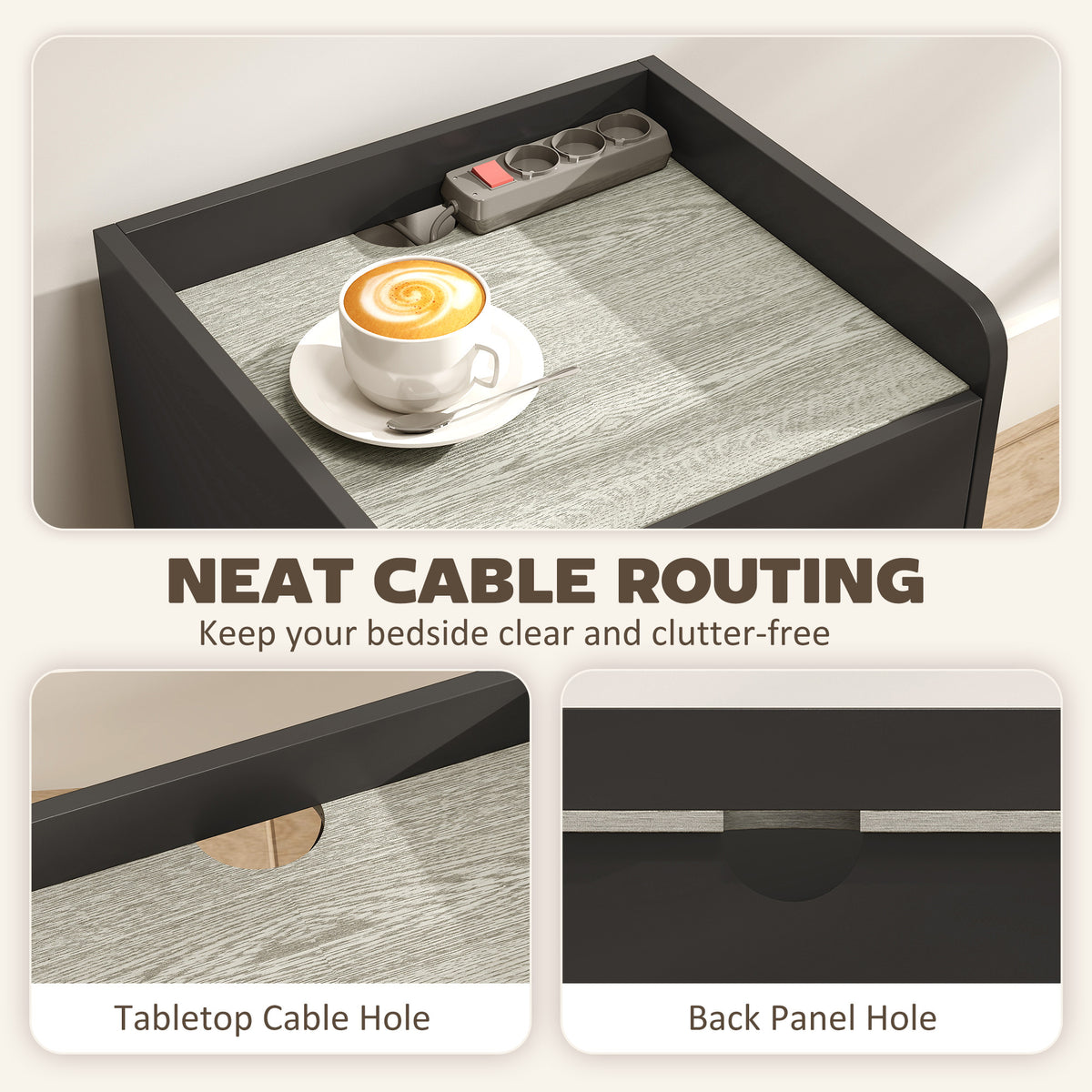 Modern Bedside Table, Slim Nightstand with Drawer, Shelf and Cable Holes, Bedside Cabinet for Bedroom, Living Room, Black and Grey Wood Effect