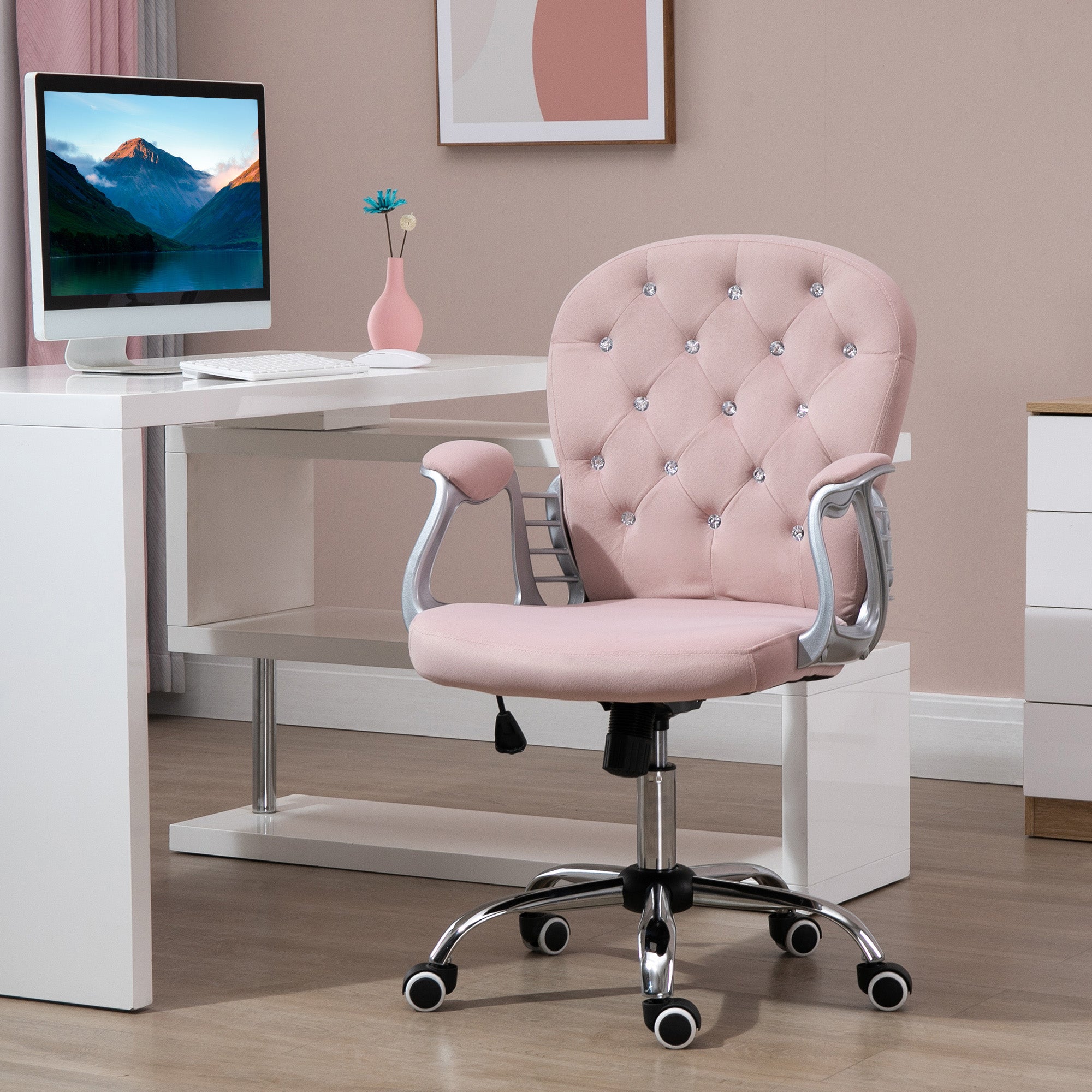 Vinsetto Office Chair, Swivel Desk Chair, Velvet Vanity Chair with Adjustable Height and Rolling Wheels for Home Work Study, Pink