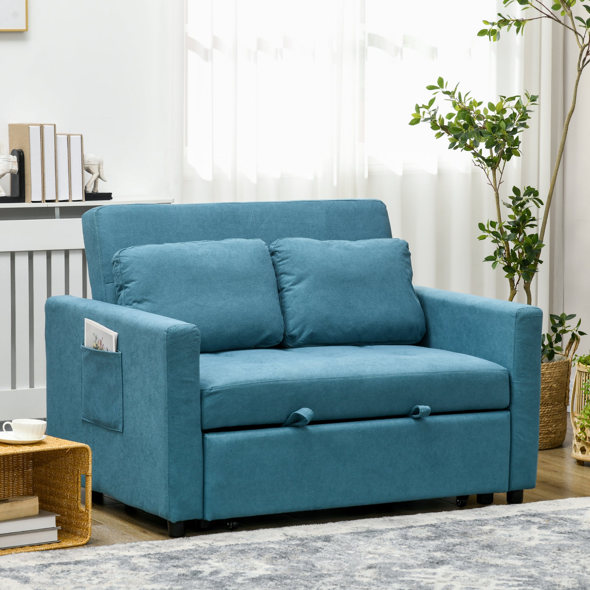 HOMCOM 2 Seater Sofa Bed, Convertible Bed Settee, Modern Fabric Loveseat Sofa Couch with 2 Cushions, Side Pockets for Living Room, Guest Room, Blue