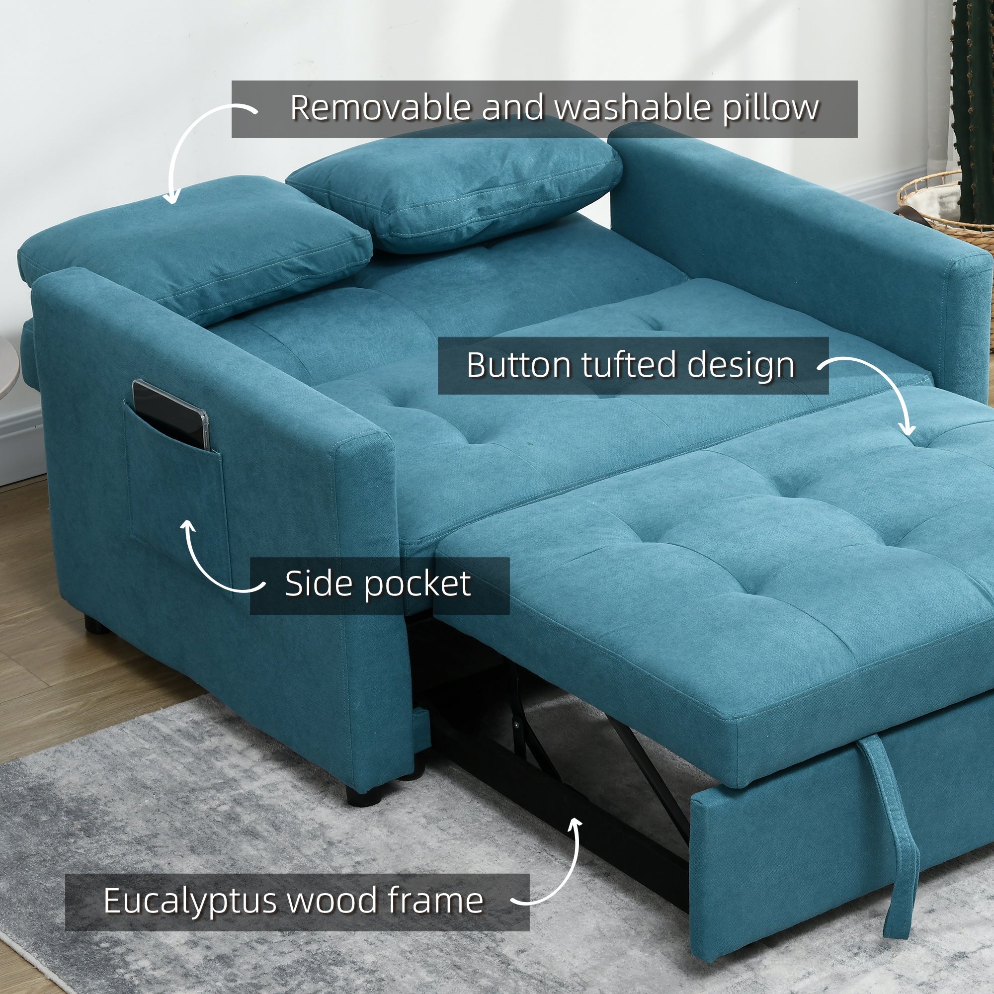 HOMCOM 2 Seater Sofa Bed, Convertible Bed Settee, Modern Fabric Loveseat Sofa Couch with 2 Cushions, Side Pockets for Living Room, Guest Room, Blue