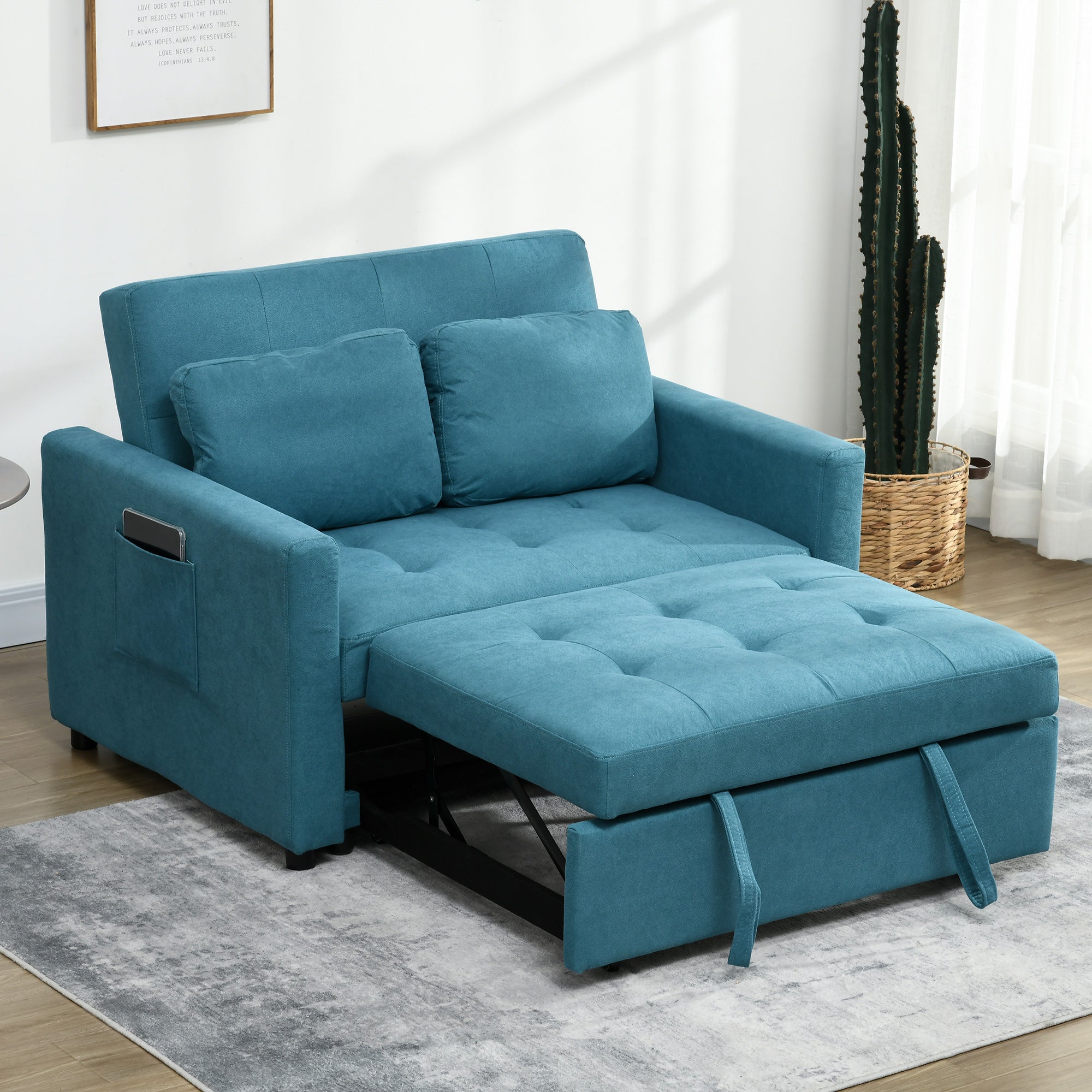 HOMCOM 2 Seater Sofa Bed, Convertible Bed Settee, Modern Fabric Loveseat Sofa Couch with 2 Cushions, Side Pockets for Living Room, Guest Room, Blue