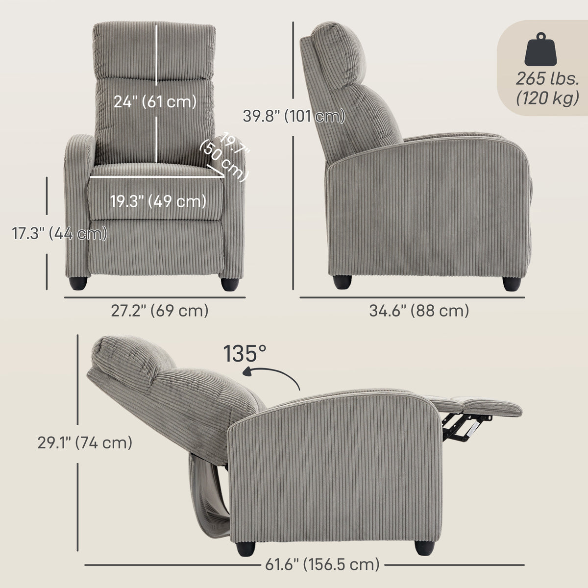 Push Back Recliner Chair, Corduroy Home Theater Seating, Single Reclining Sofa Chair with Padded Seat for Living Room, Grey