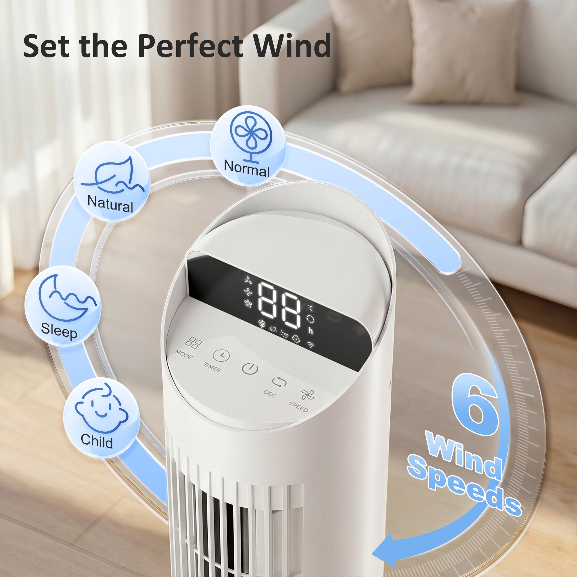 101.8 cm Tower Fan for Cooling, Standing Floor Cooling Fan with WiFi App, 6 Speeds and 4 Modes, 65° Oscillating, 12H Timer and Remote Control for Bedroom, Office, White