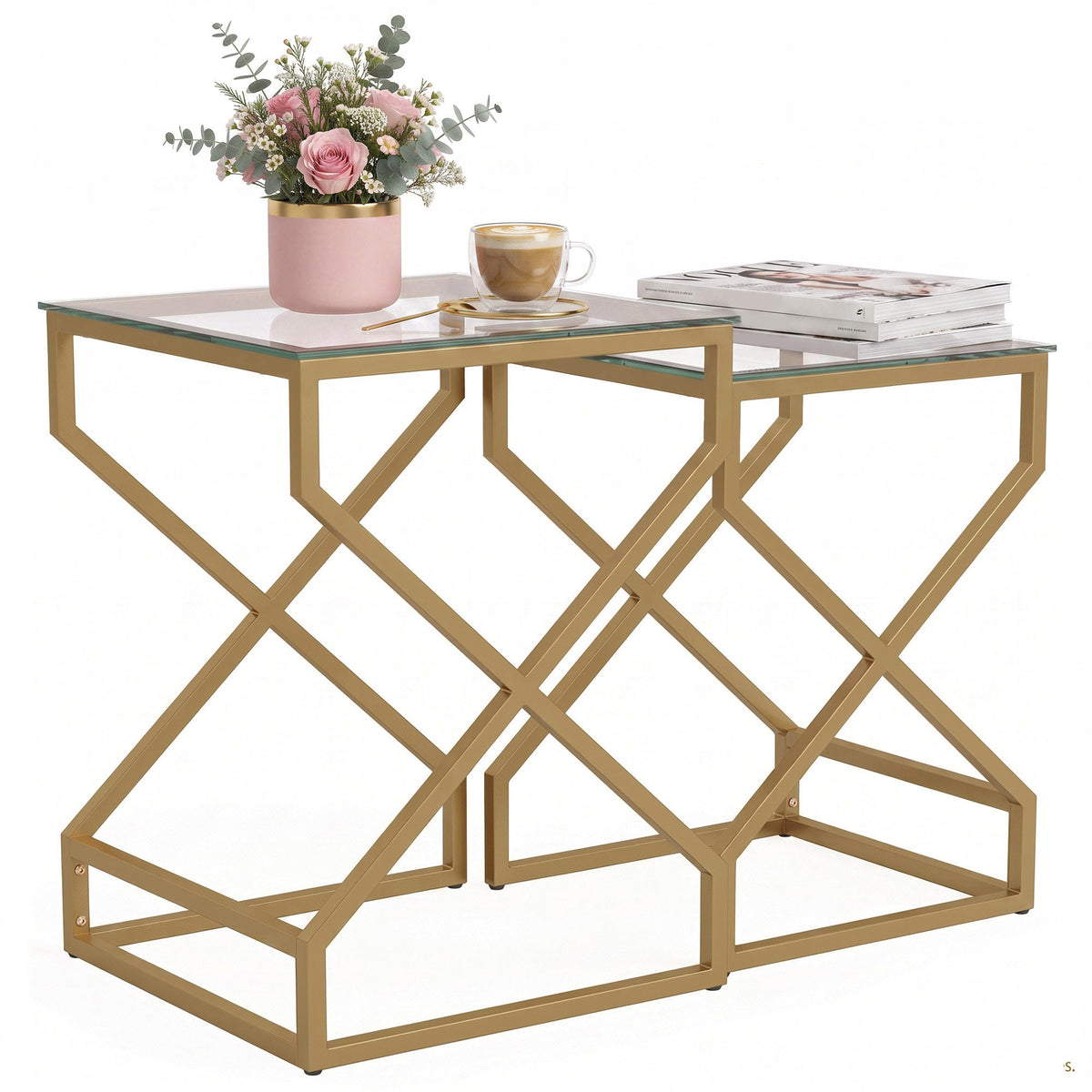 Nest of Tables, Side Table Set of 2 with Transparent Top, Coffee Table Set with Foot Pads, Steel Frame and Tempered Glass Top for Living Room Bedroom Office, Transparent