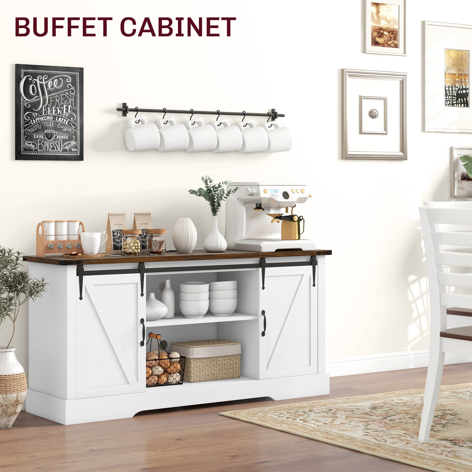 Sideboard with Charging Station Farmhouse Coffee Bar Cabinet TV Stand for TVs Up to 65" White