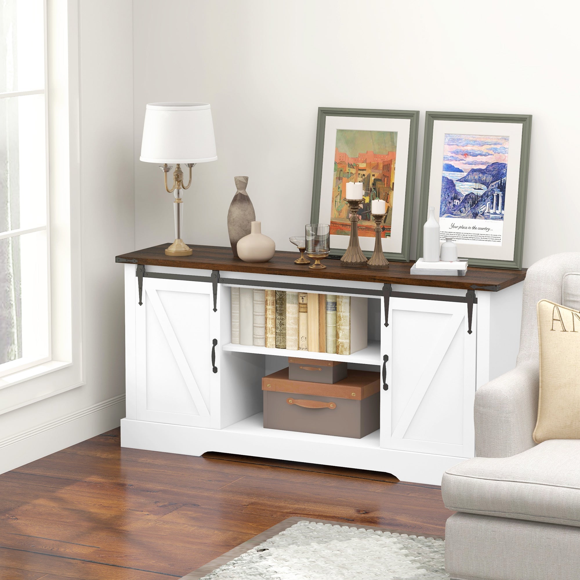 Sideboard with Charging Station Farmhouse Coffee Bar Cabinet TV Stand for TVs Up to 65" White