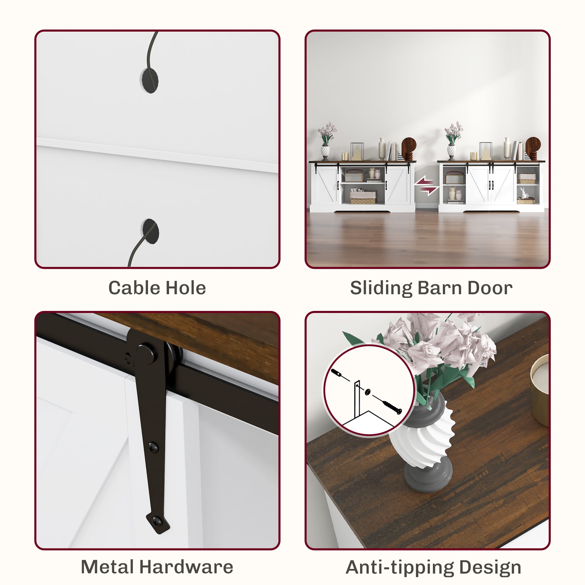 Sideboard with Charging Station Farmhouse Coffee Bar Cabinet TV Stand for TVs Up to 65" White