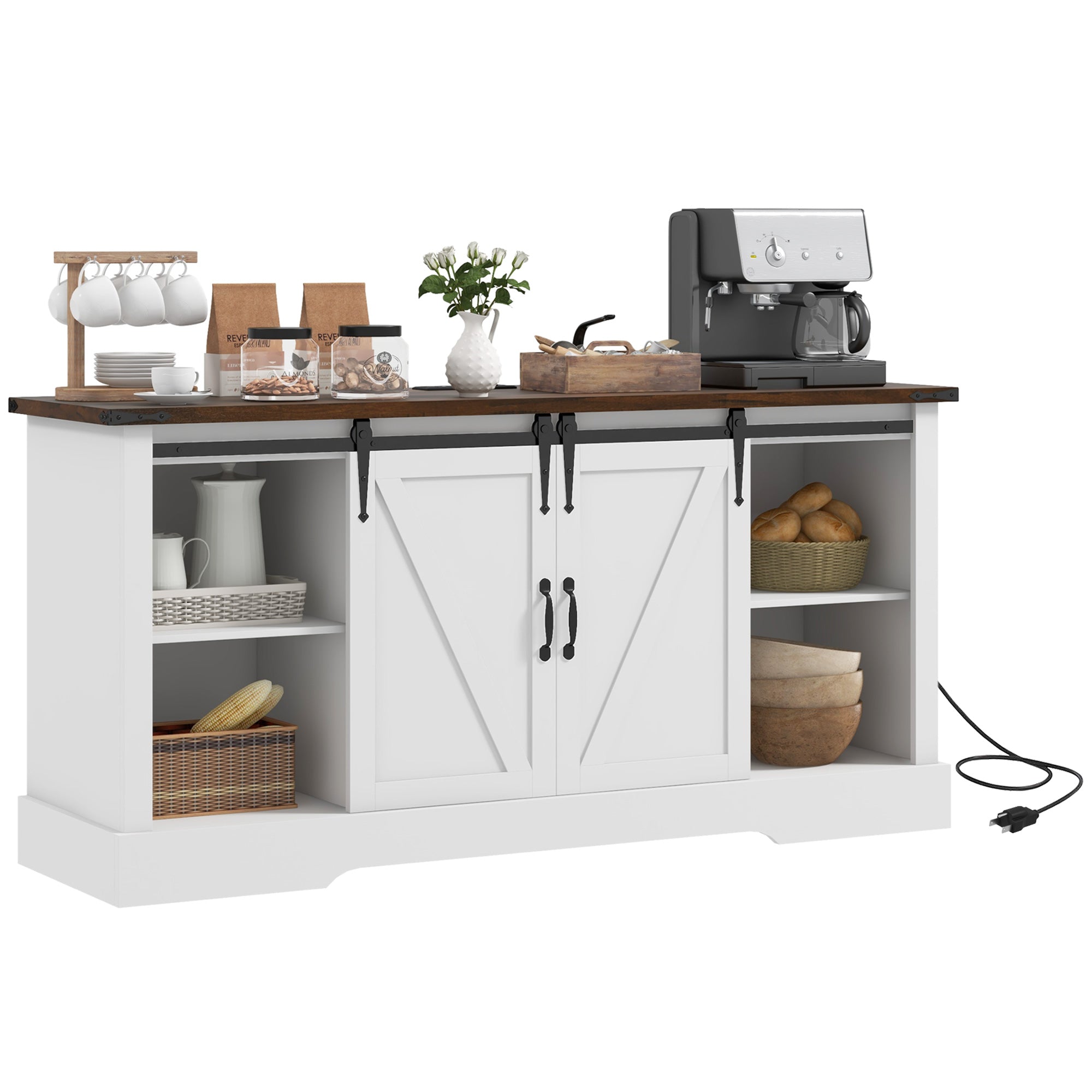 Sideboard with Charging Station Farmhouse Coffee Bar Cabinet TV Stand for TVs Up to 65" White