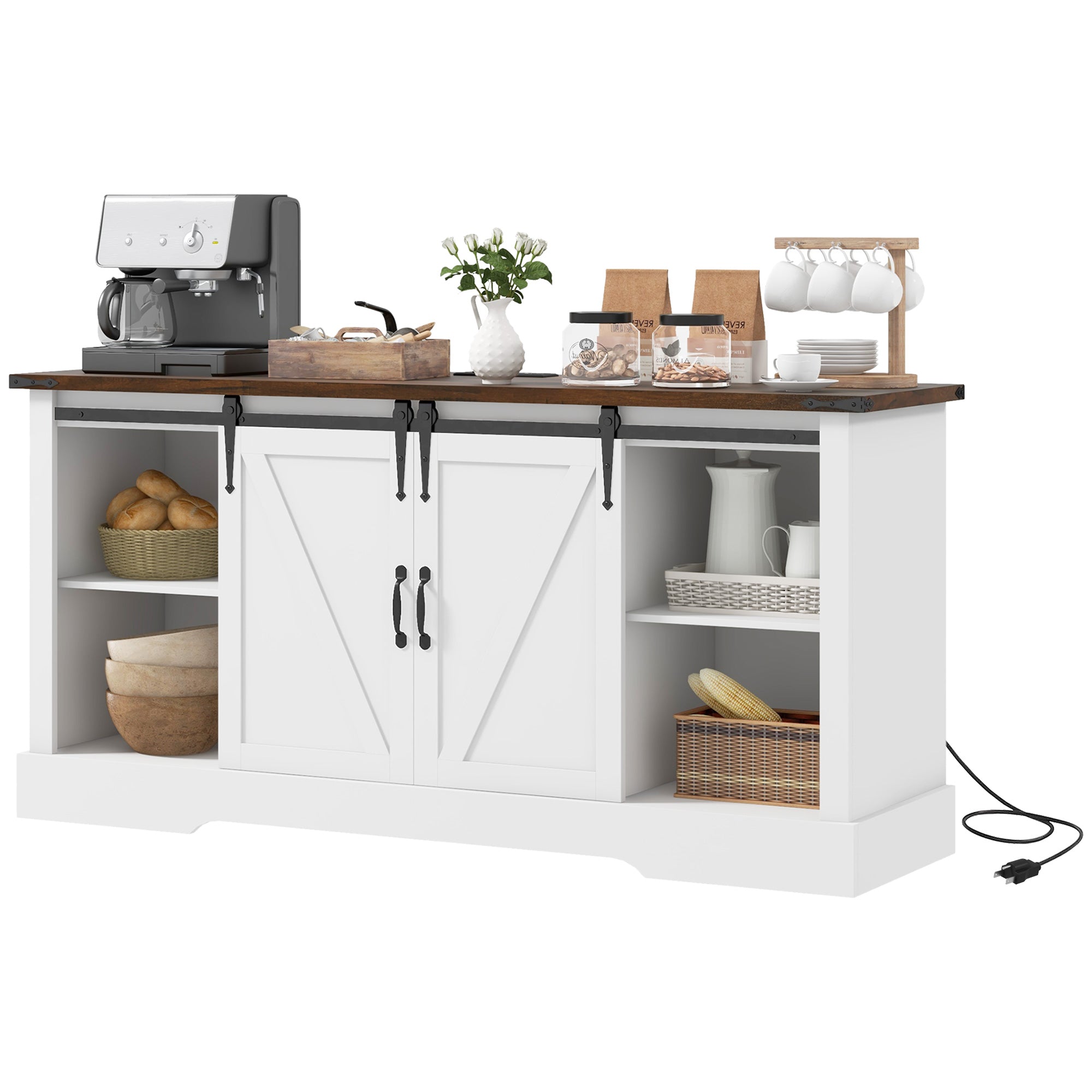 Sideboard with Charging Station Farmhouse Coffee Bar Cabinet TV Stand for TVs Up to 65" White