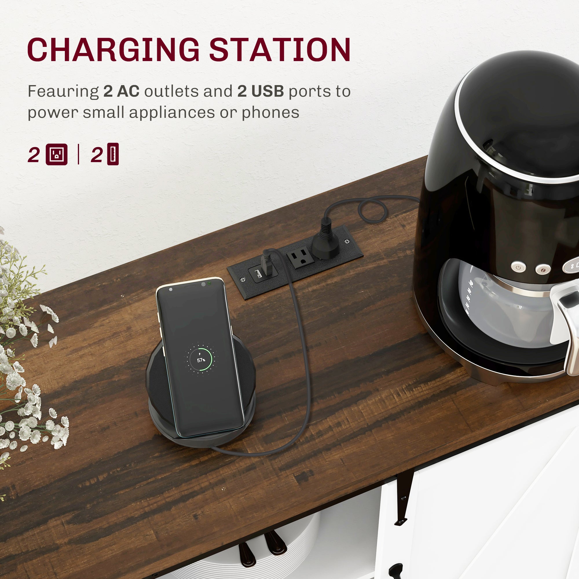 Sideboard with Charging Station Farmhouse Coffee Bar Cabinet TV Stand for TVs Up to 65" White