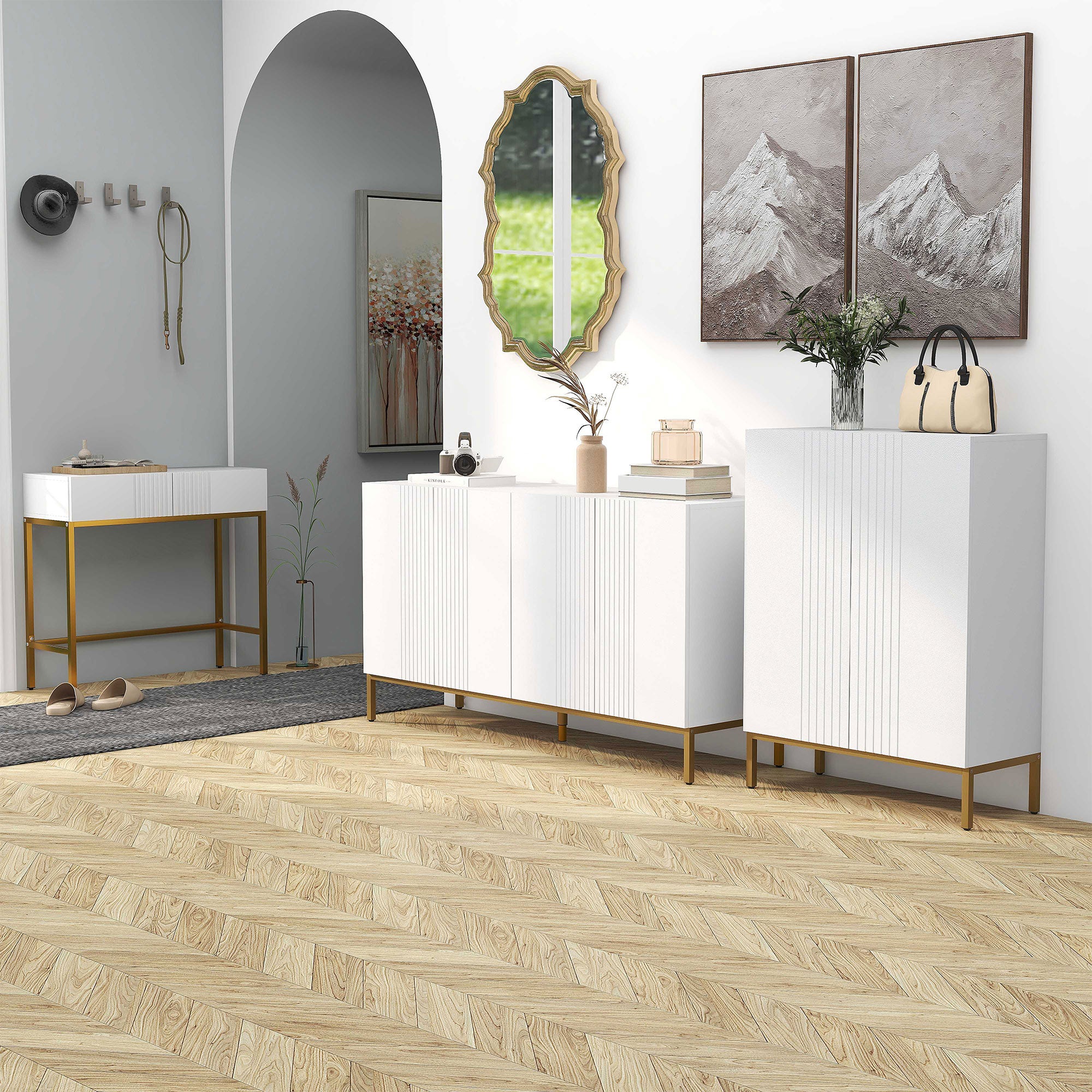 HOMCOM Sideboard Buffet Cabinet, Kitchen Storage Cabinet with Adjustable Shelves, Soft-Close Doors and Gold Legs, Modern Coffee Bar Cabinet, White