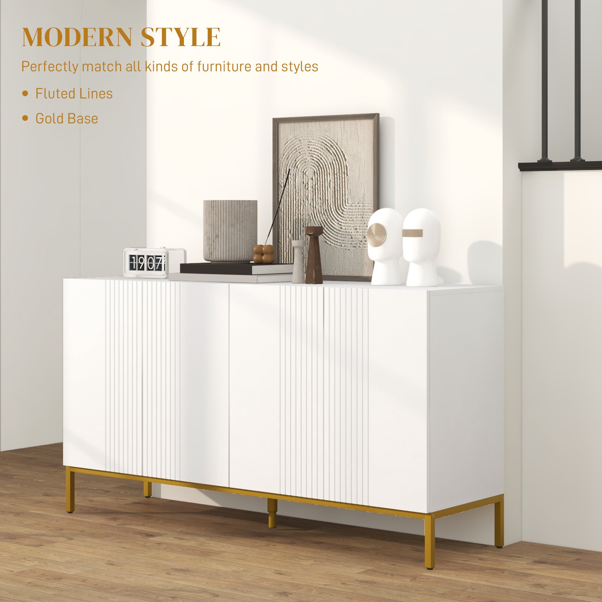 HOMCOM Sideboard Buffet Cabinet, Kitchen Storage Cabinet with Adjustable Shelves, Soft-Close Doors and Gold Legs, Modern Coffee Bar Cabinet, White