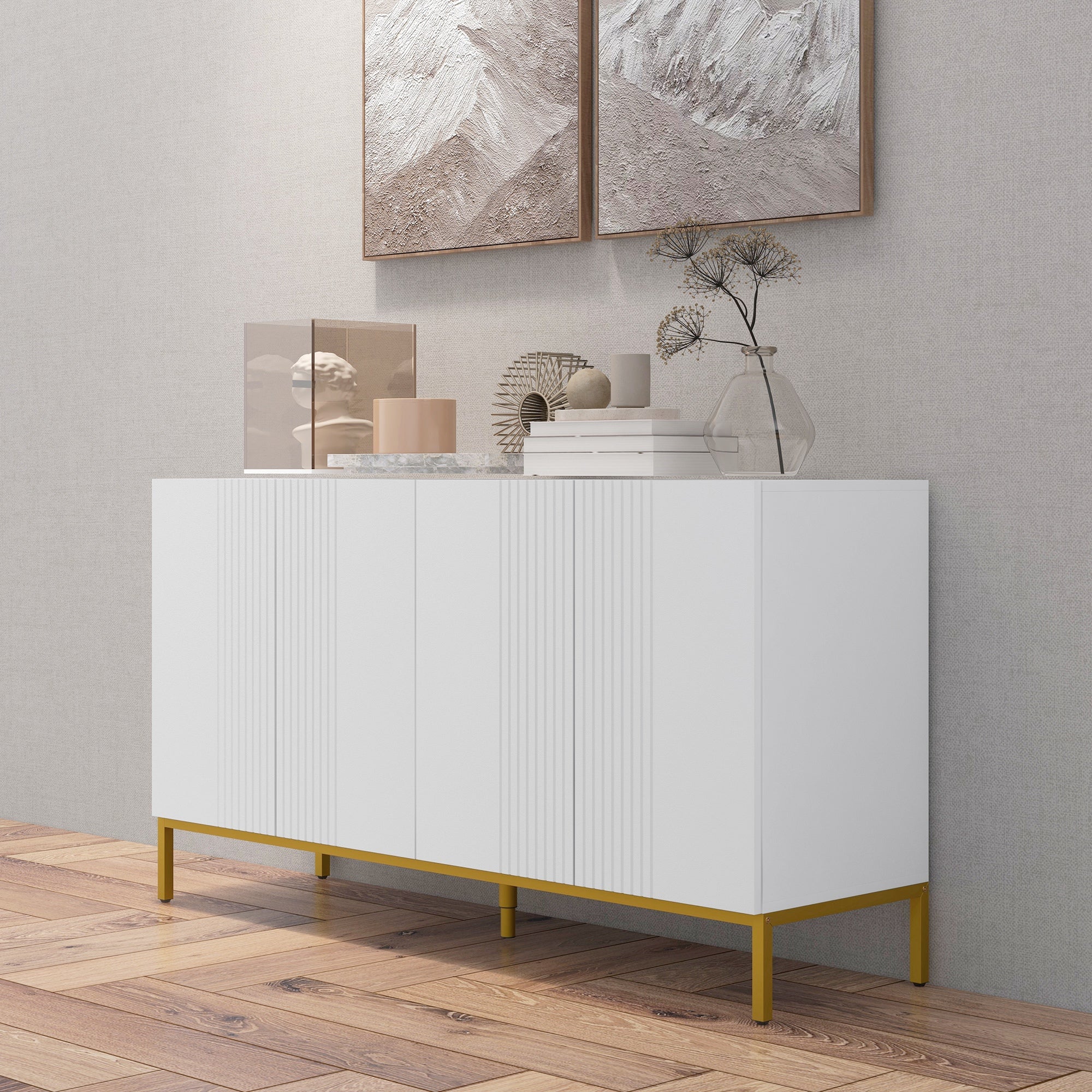 HOMCOM Sideboard Buffet Cabinet, Kitchen Storage Cabinet with Adjustable Shelves, Soft-Close Doors and Gold Legs, Modern Coffee Bar Cabinet, White